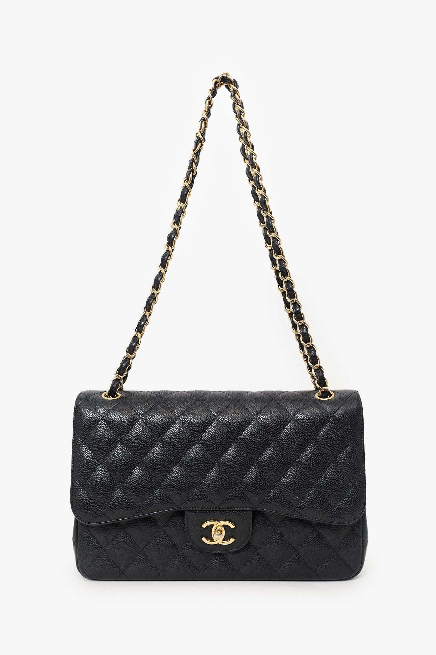 Chanel™ 2019 Black Caviar Leather Jumbo Double Flap Should Bag