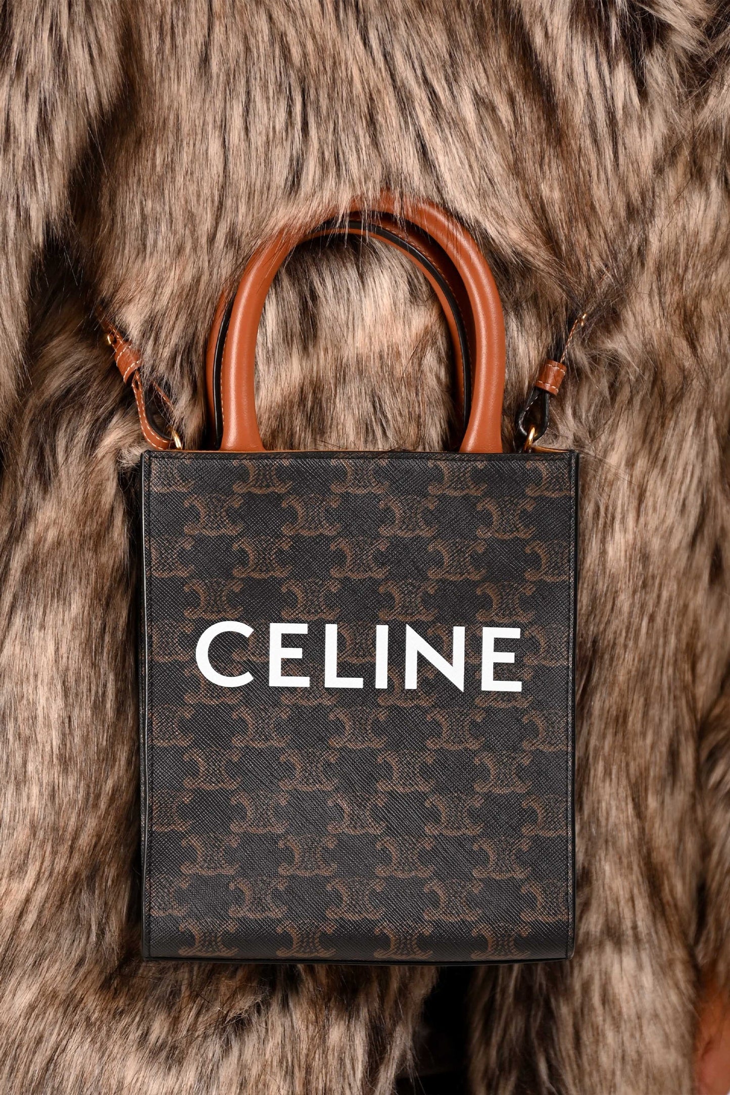 Celine 2021 Brown Canvas/Leather Mini Triomphe Vertical Cabas Tote with Strap