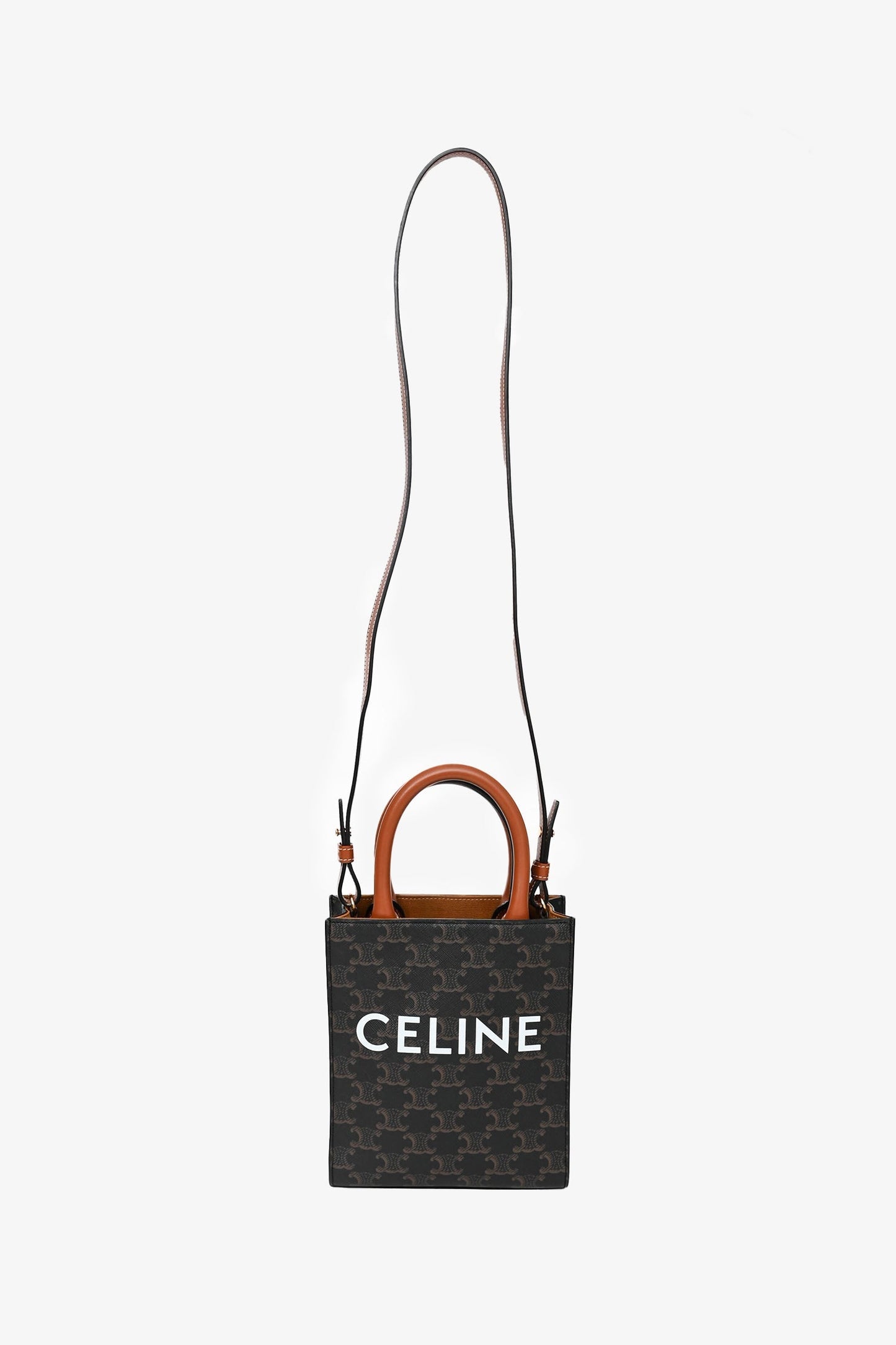 Celine 2021 Brown Canvas/Leather Mini Triomphe Vertical Cabas Tote with Strap
