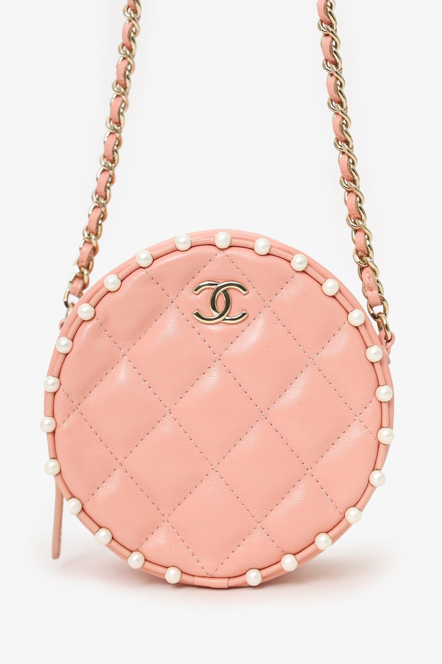 Chanel™ 2019-20 Pink Pearl Round Crossbody Bag