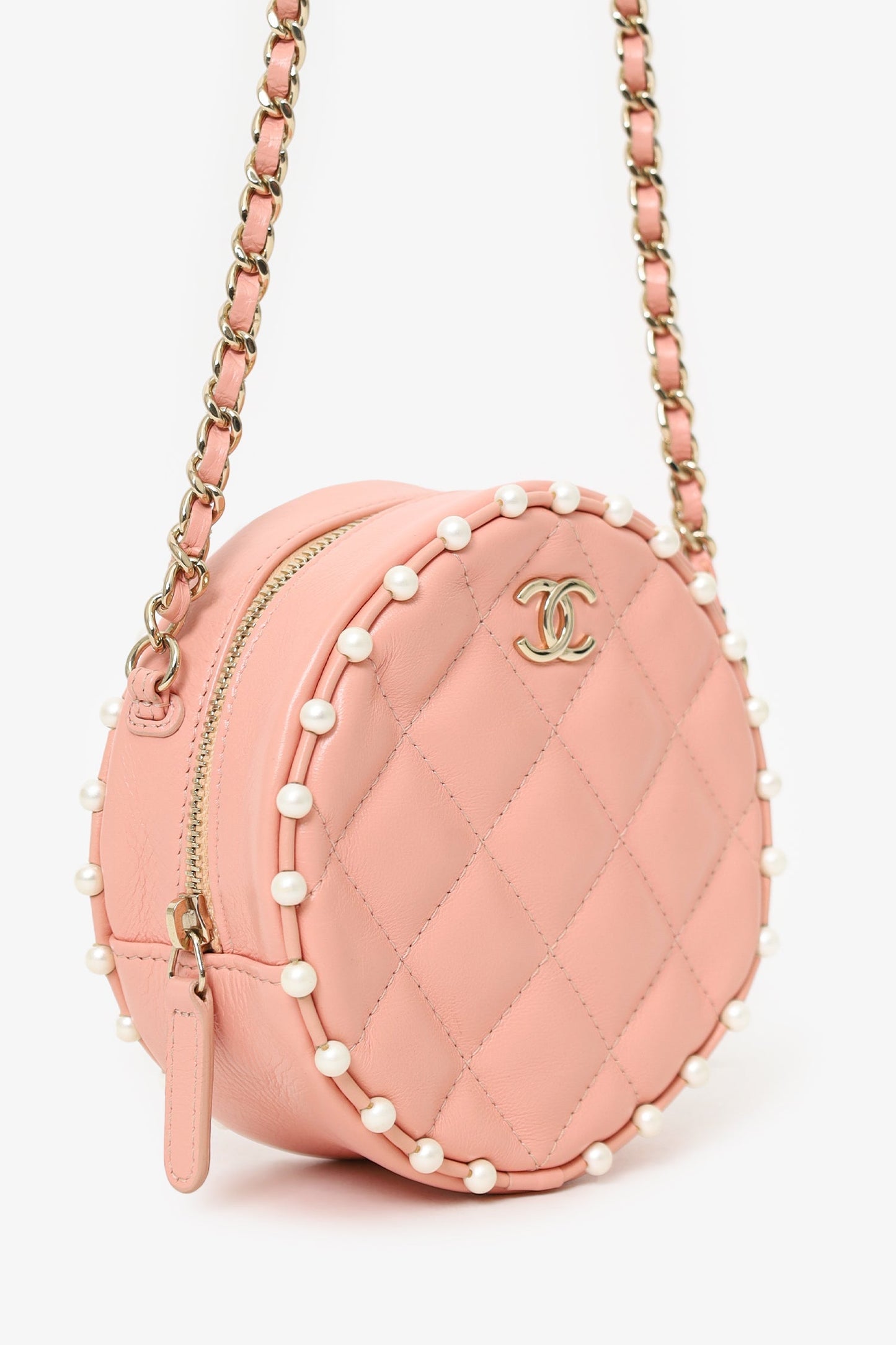 Chanel™ 2019-20 Pink Pearl Round Crossbody Bag