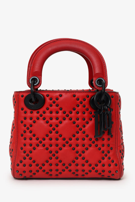 Christian Dior 2018 Red Studded Lambskin Cannage Supple Mini Lady Dior