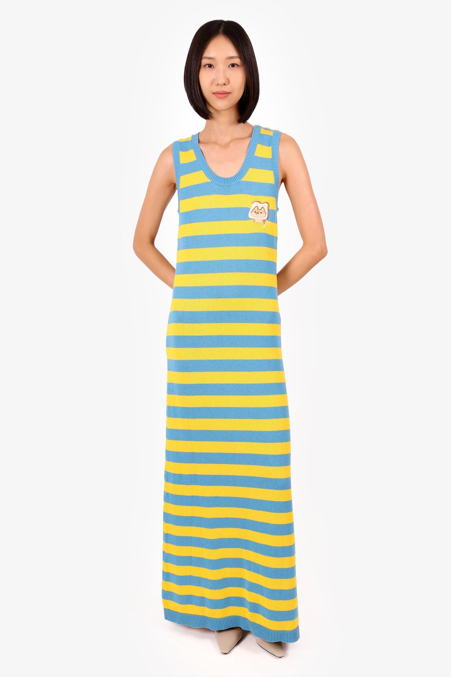 Gucci Blue/Yellow Striped Dog Patch Sleeveless Maxi Dress Size M