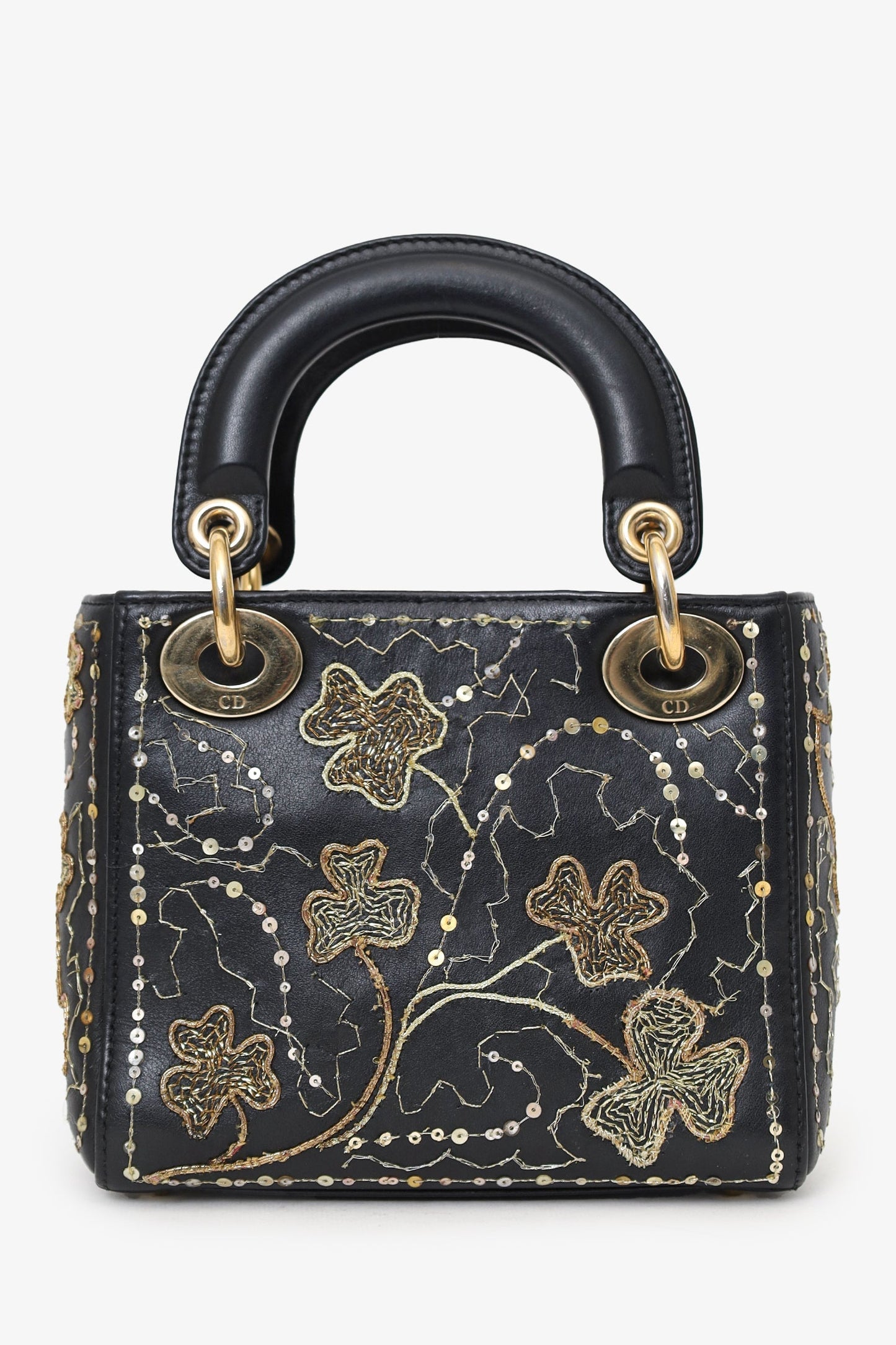 Christian Dior 2018 Black Leather Gold 'Clovers' Embroidered Mini Lady Dior