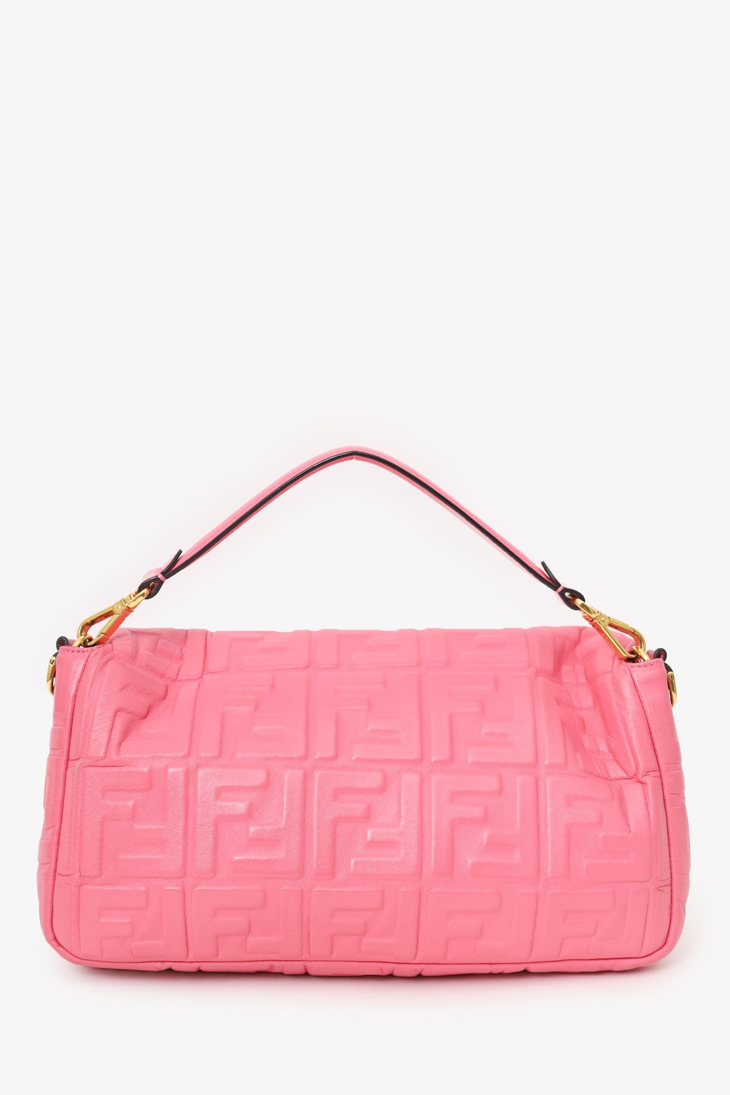 Fendi Pink Leather Nappa FF 1974 Embossed Large Baguette Bag with Strap