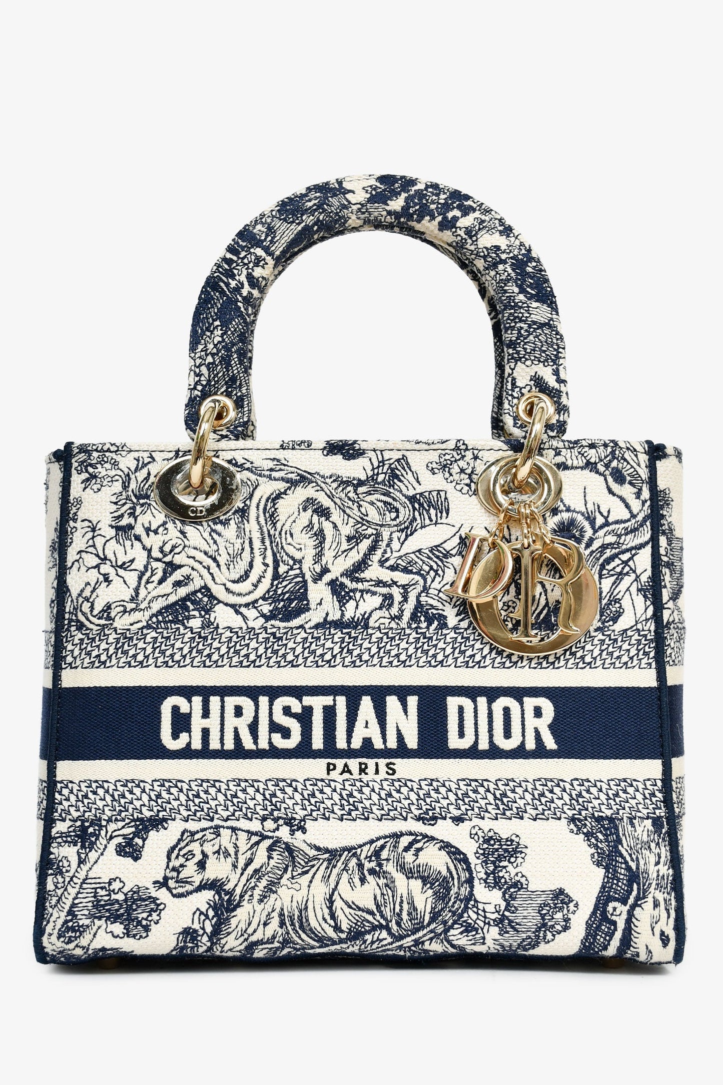 Christian Dior 2022 Navy/White Jacquard D-Lite Medium Top Handle with Strap