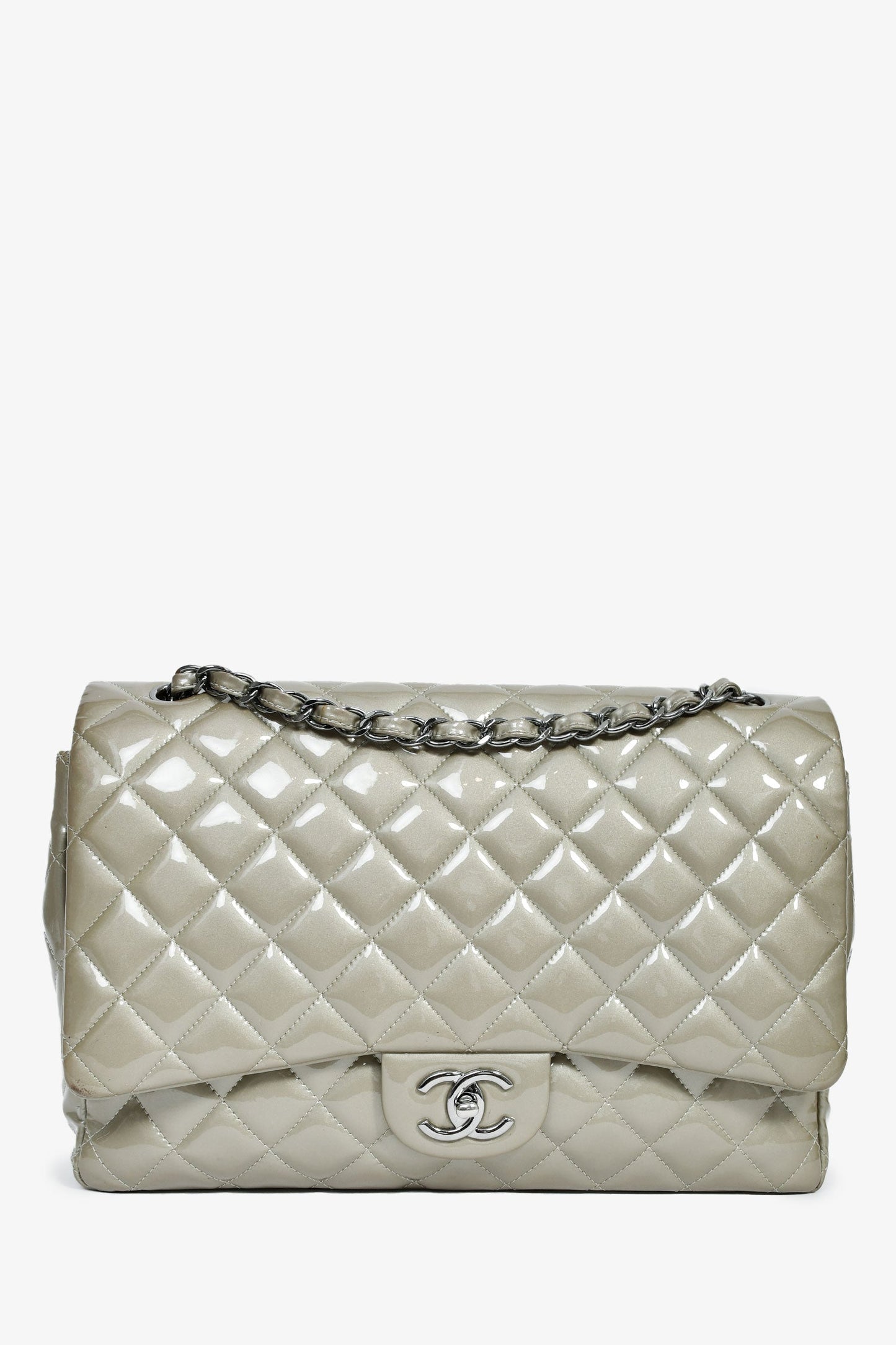 Chanel™ 2012/13 Grey Patent Quilted Maxi Double Flap Shoulder Bag