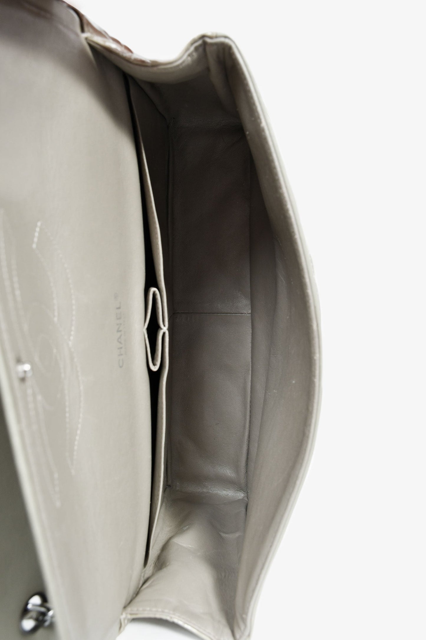 Chanel™ 2012/13 Grey Patent Quilted Maxi Double Flap Shoulder Bag