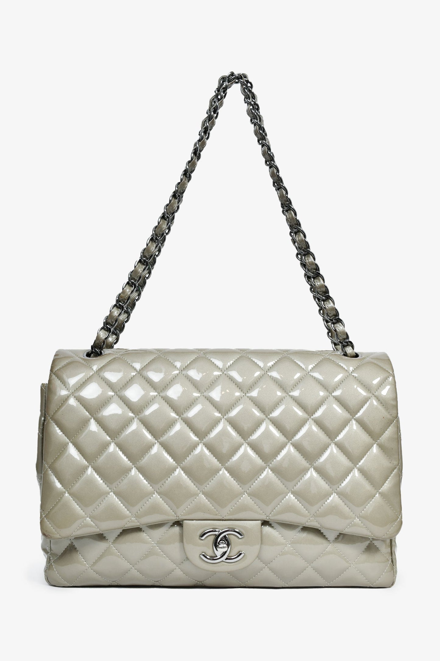 Chanel™ 2012/13 Grey Patent Quilted Maxi Double Flap Shoulder Bag