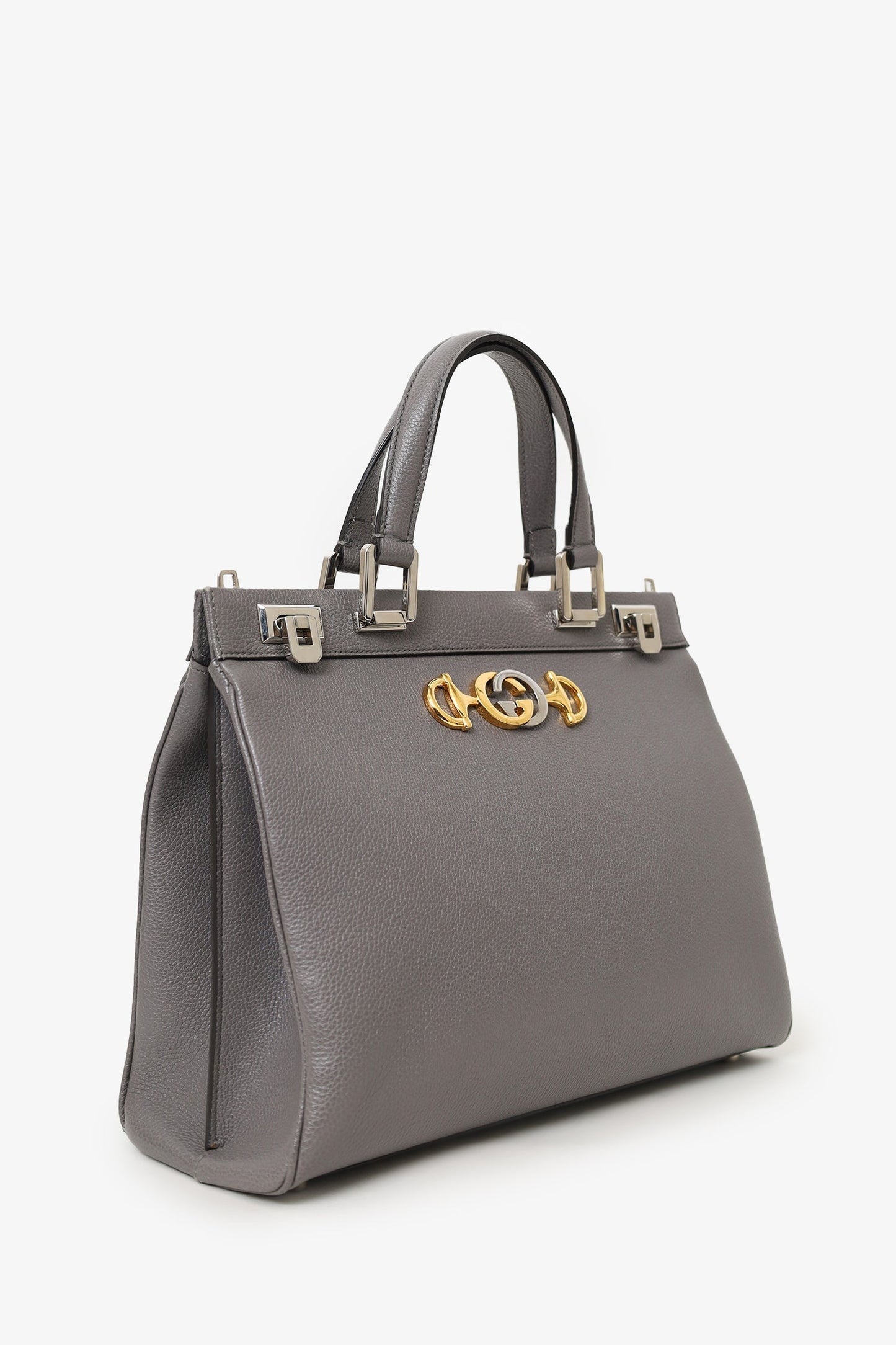 Gucci Grey Grained Leather Interlocking G Horsebit Zumi Medium Tote with Strap