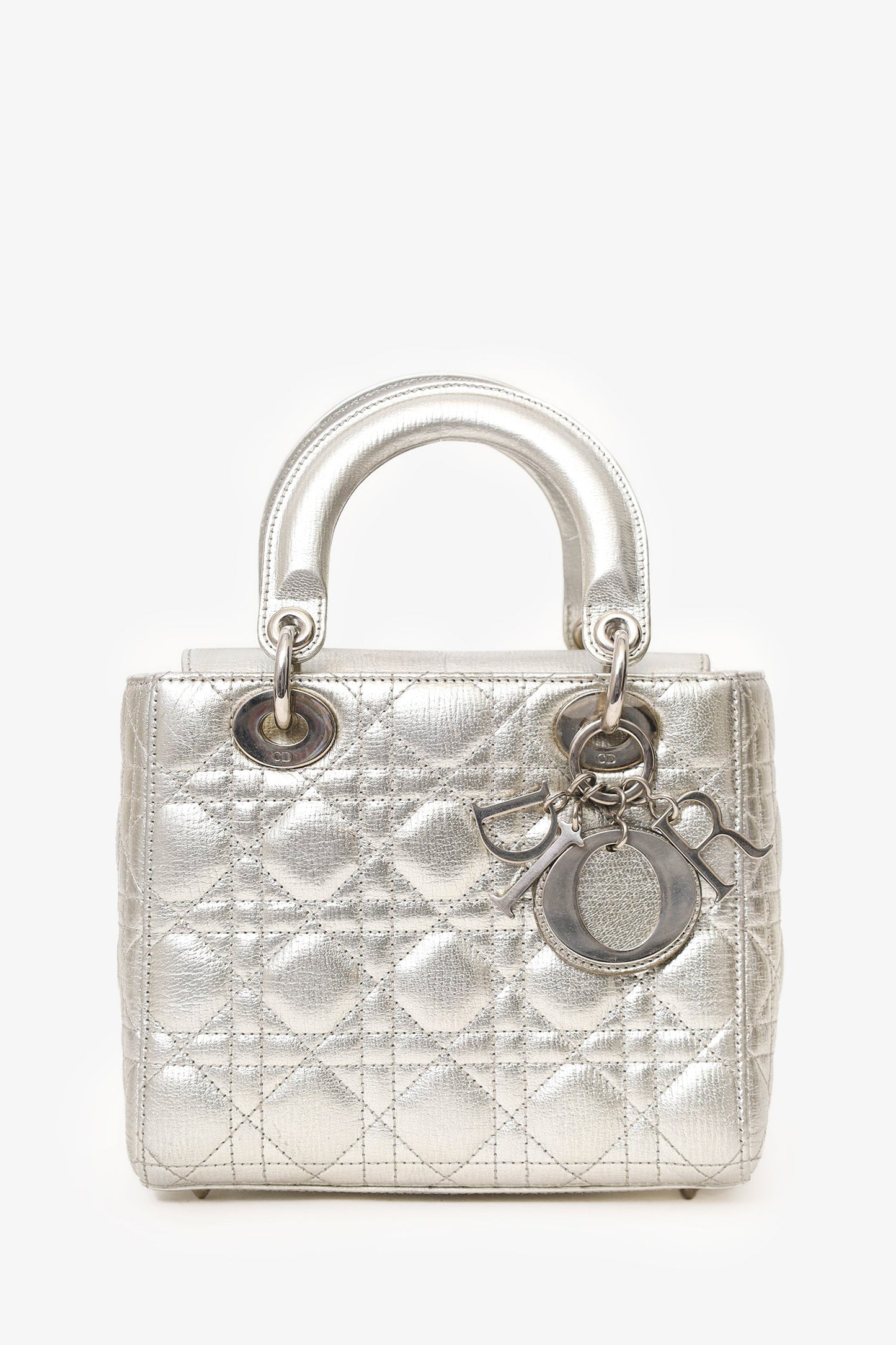 Christian Dior 2017 Silver Metallic Leather Cannage Small Lady Dior with Strap
