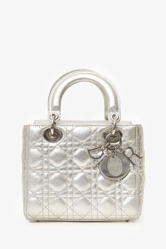 Christian Dior 2017 Silver Metallic Leather Cannage Small Lady Dior with Strap