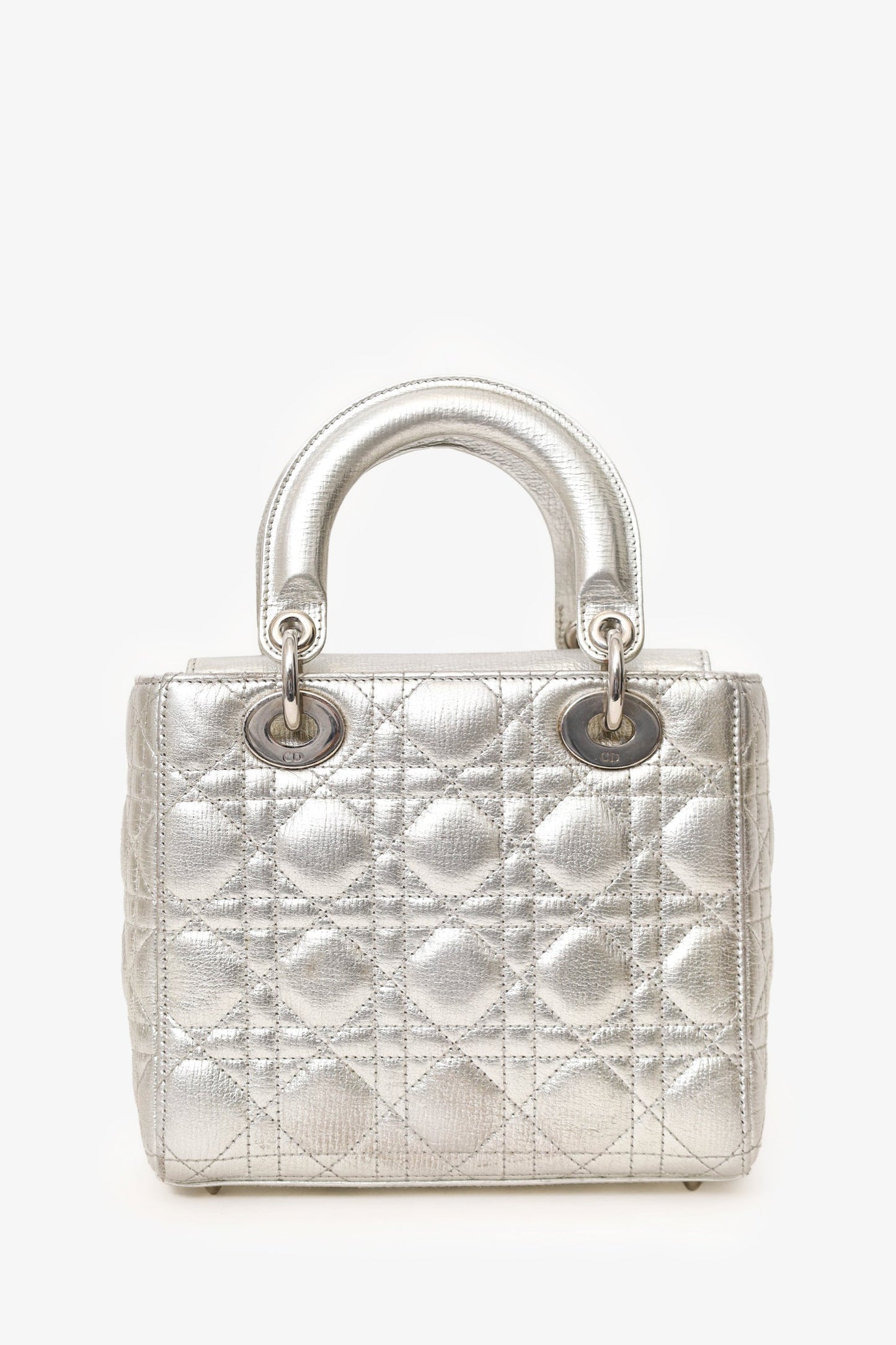 Christian Dior 2017 Silver Metallic Leather Cannage Small Lady Dior with Strap