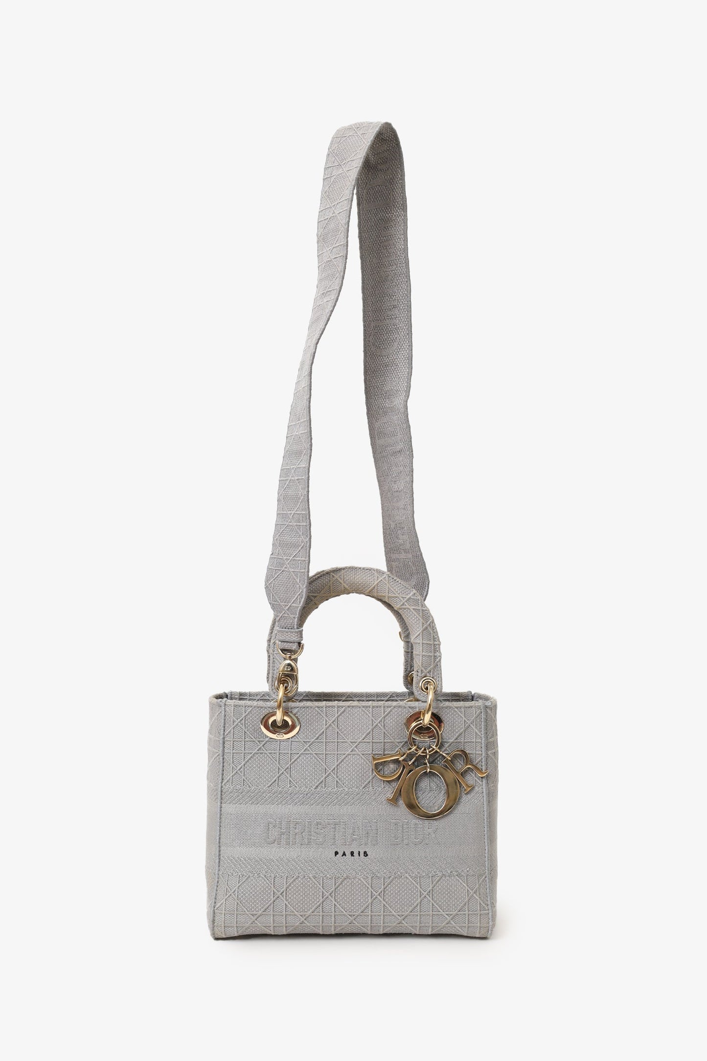 Christian Dior 2020 Grey Cannage Embroidered Canvas Medium Lady D-Lite With Strap