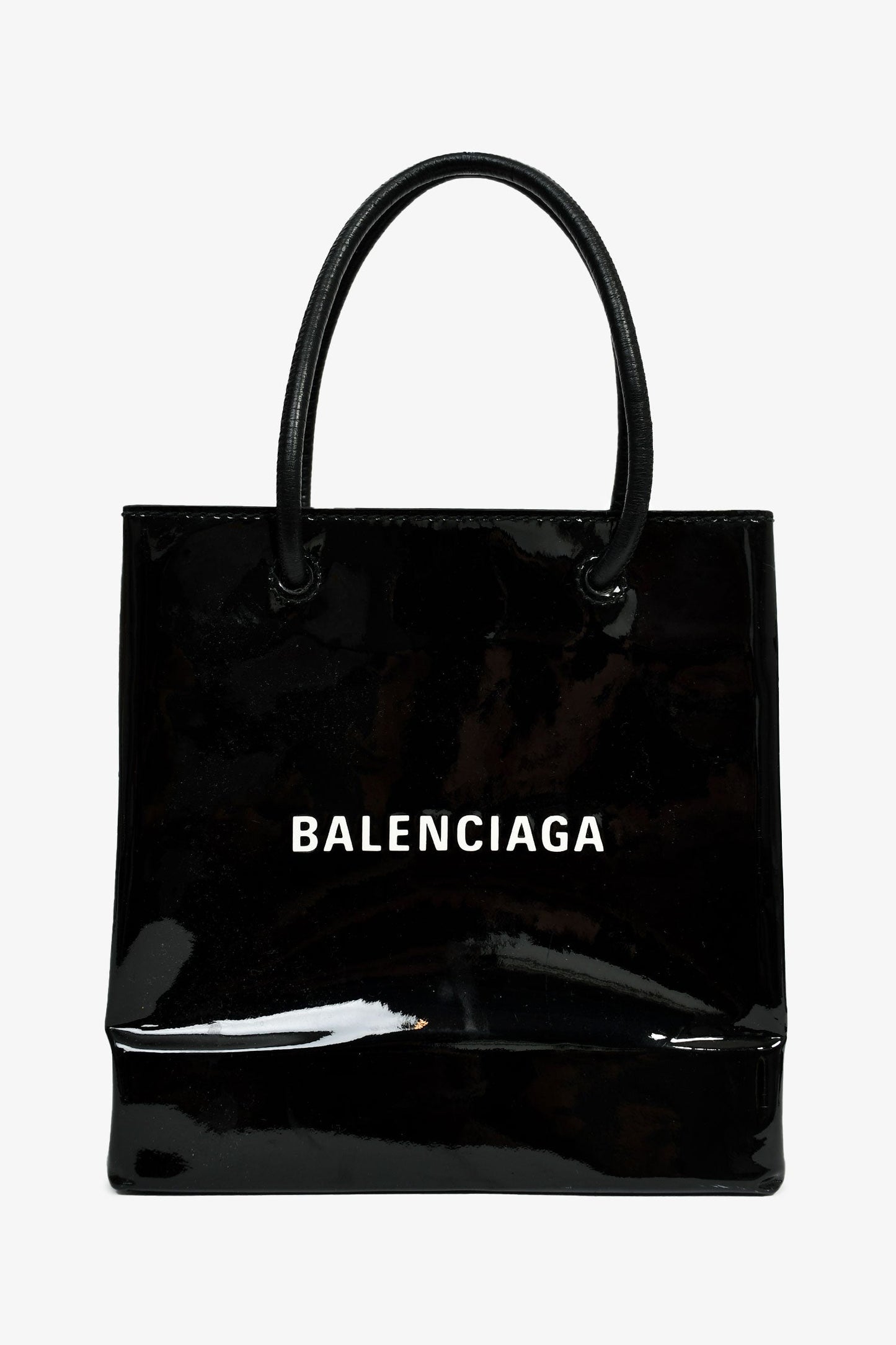 Balenciaga Black Patent Logo XXS Shopping Tote Bag With Strap
