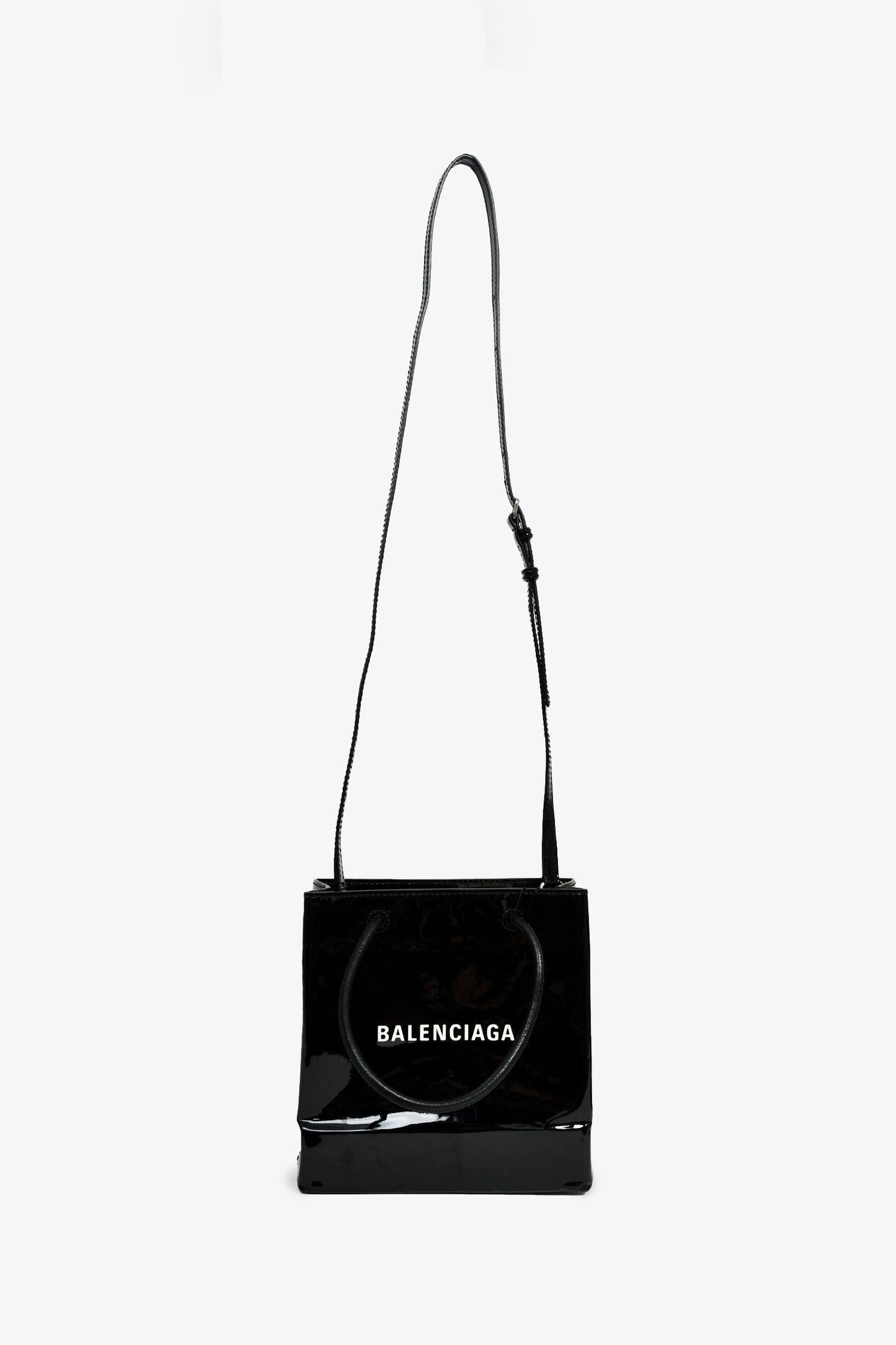 Balenciaga Black Patent Logo XXS Shopping Tote Bag With Strap