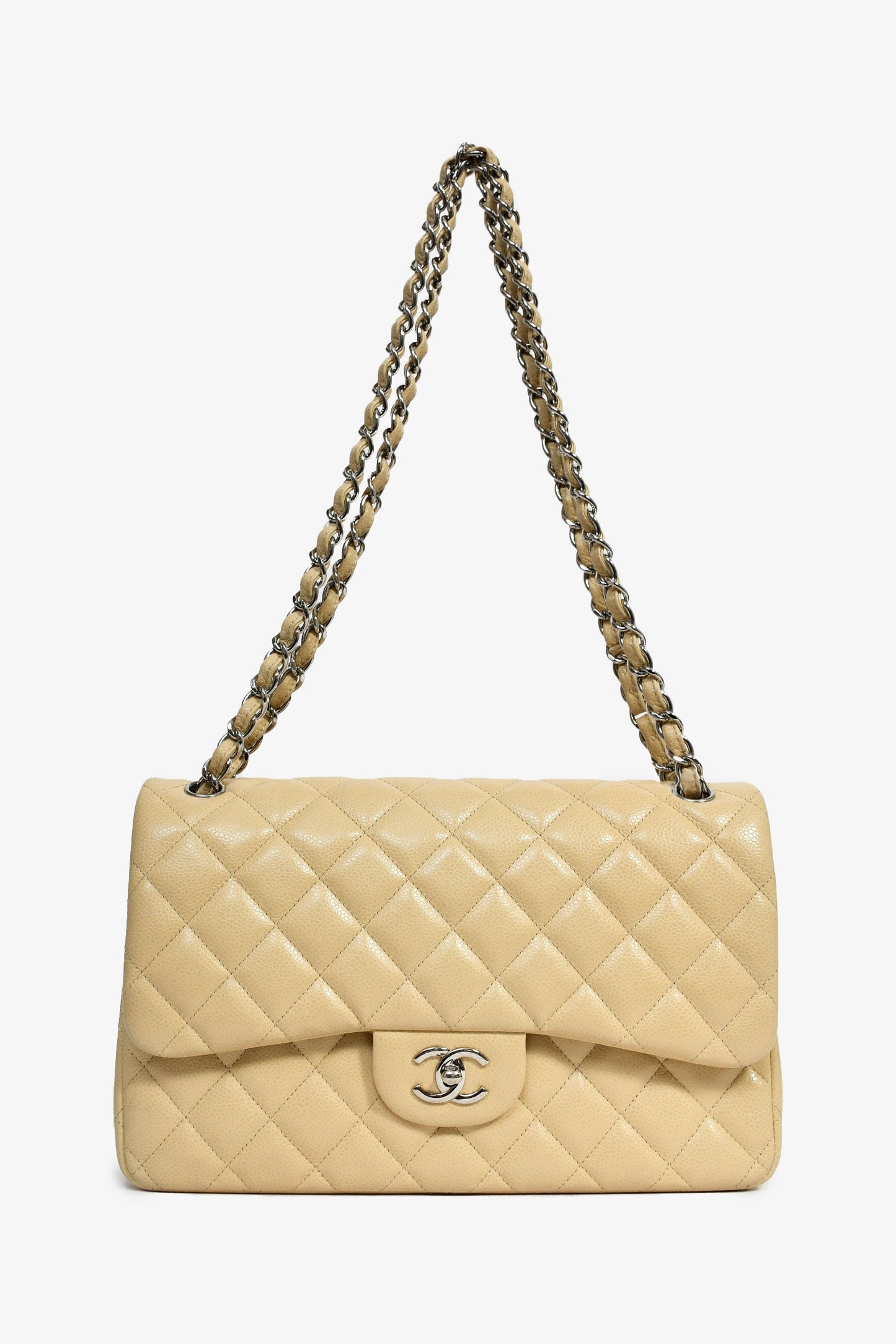 Chanel™ 2011-12 Beige Caviar Leather Jumbo Double Flap Shoulder Bag