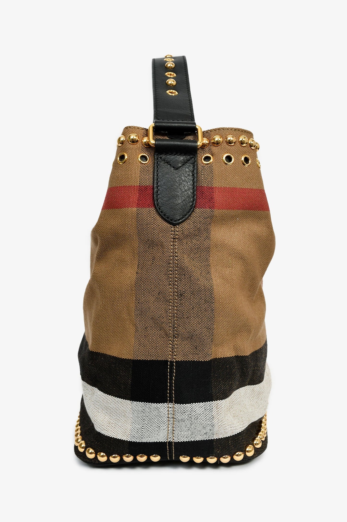 Burberry Brown/Black Linen/Leather Novacheck Studded Hobo Bag