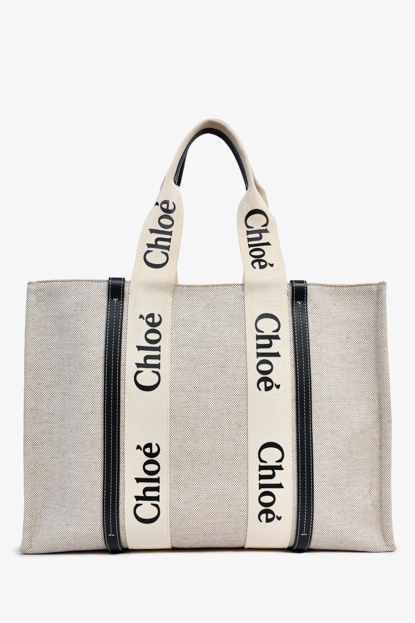 Chloe Beige Fabric Black Leather Trim Logo Woody Large Tote