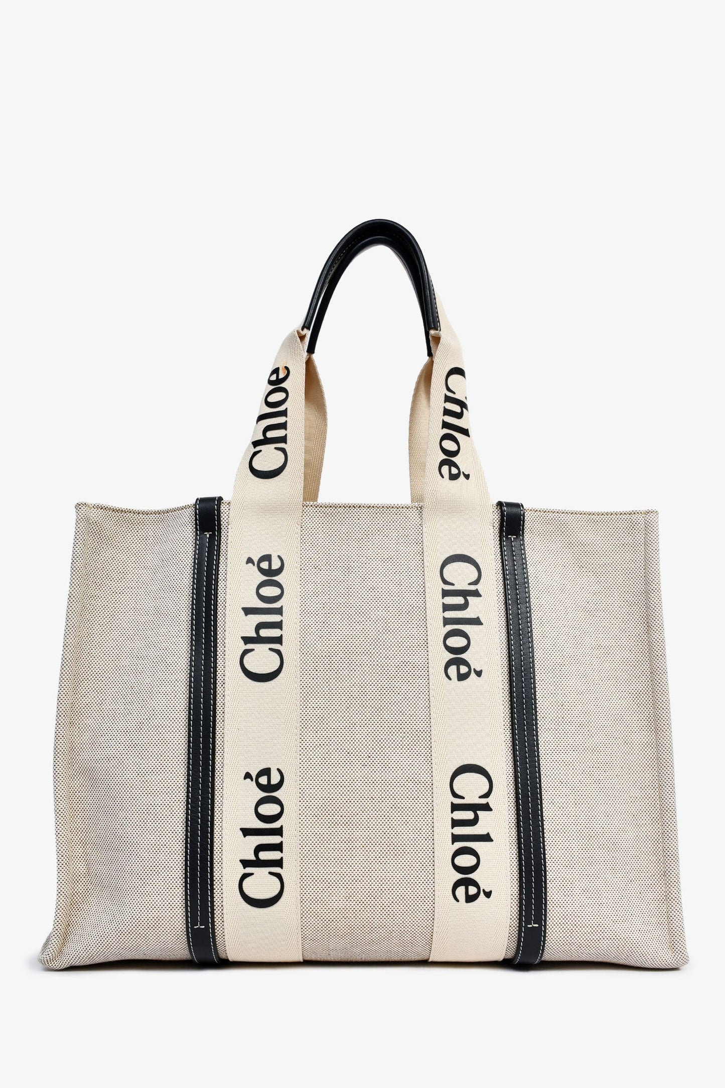 Chloe Beige Fabric Black Leather Trim Logo Woody Large Tote
