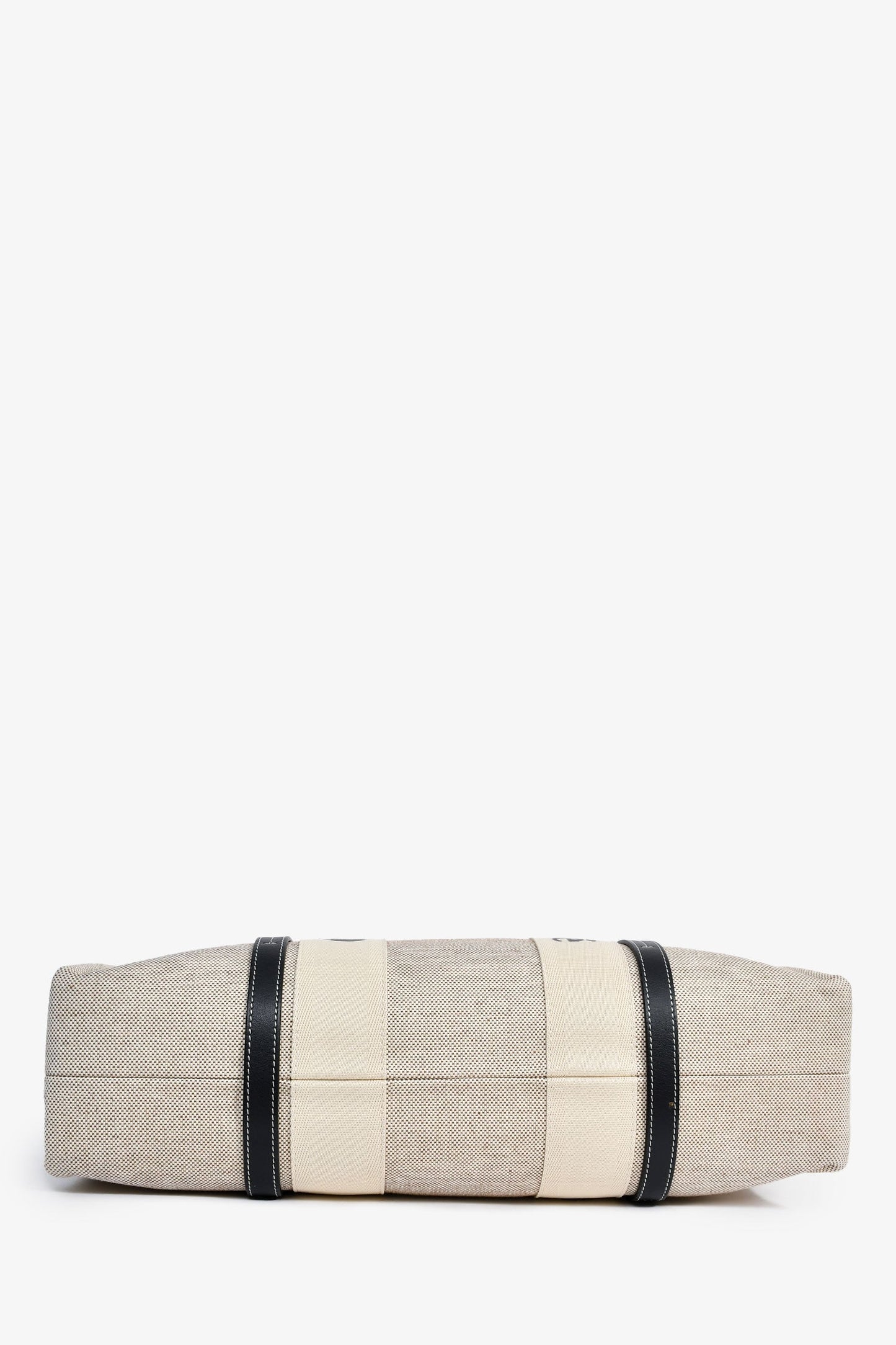 Chloe Beige Fabric Black Leather Trim Logo Woody Large Tote