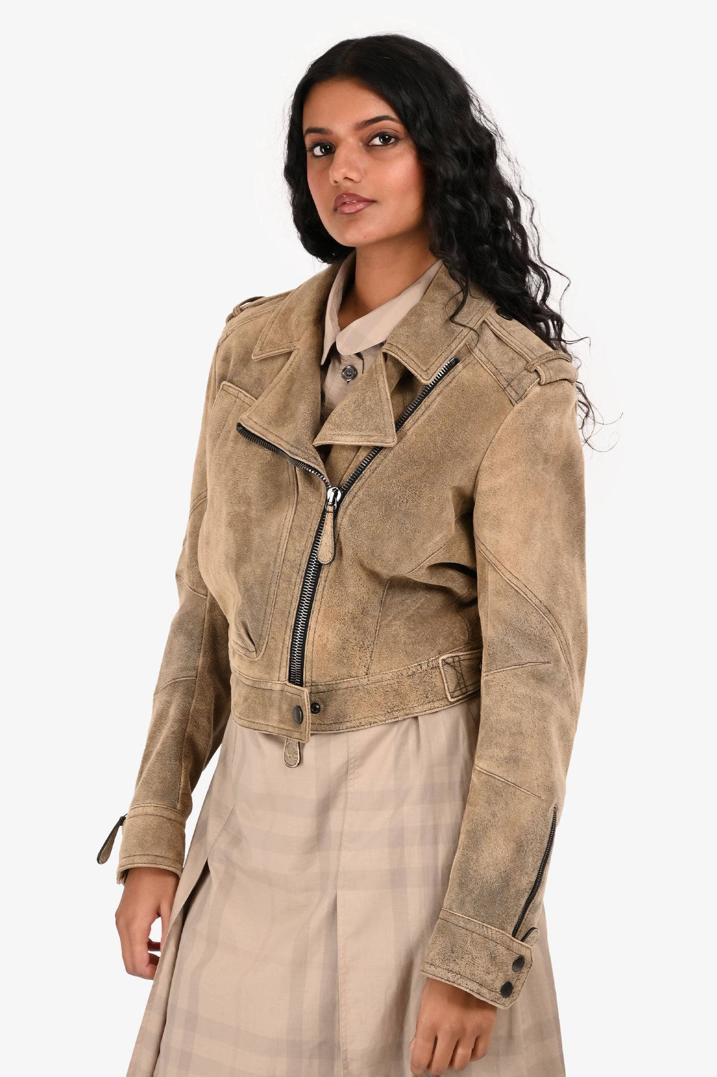 Burberry Brown/Black Leather Cropped Biker Jacket Size 38