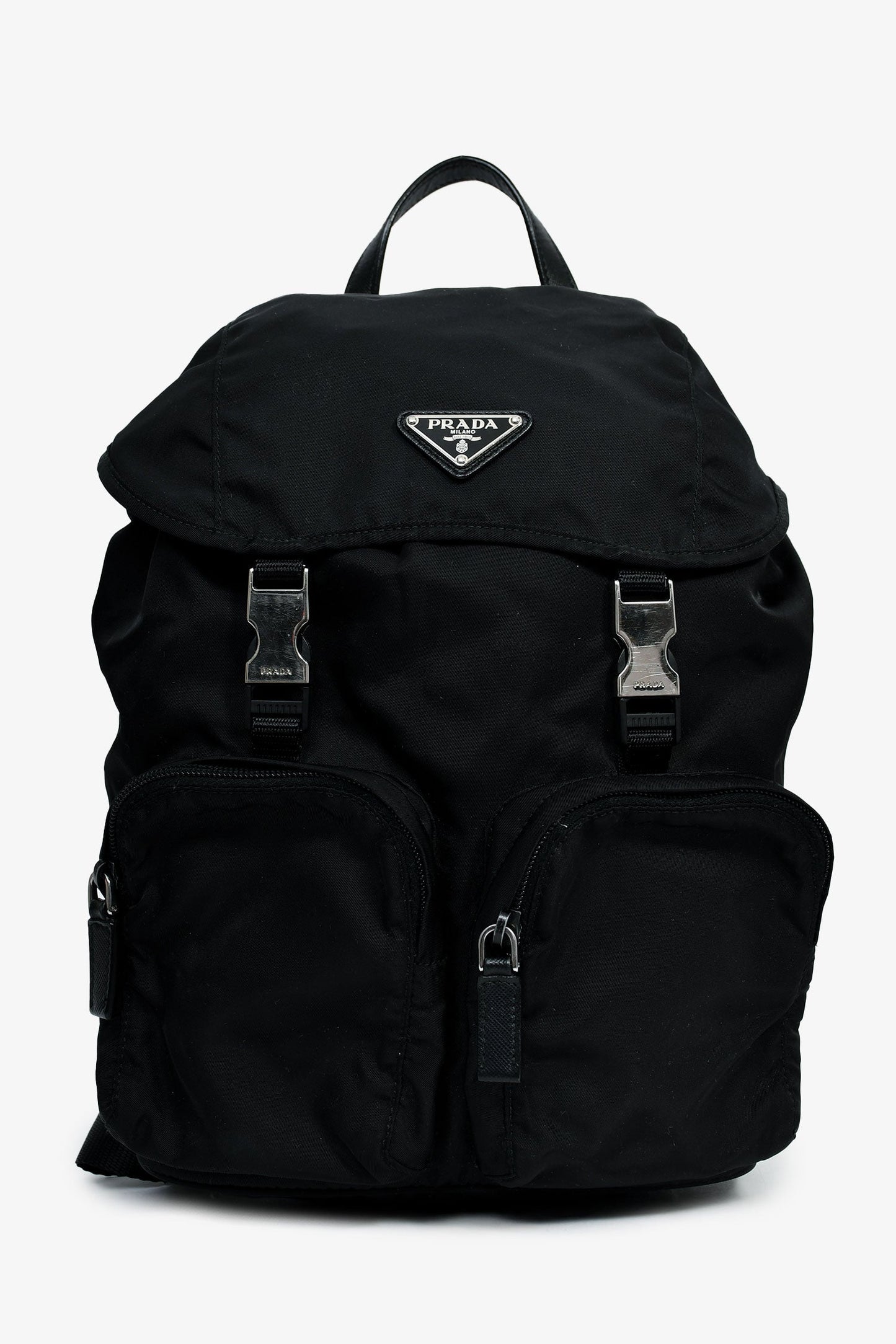 Prada Black Tessuto Nylon Double Buckle Backpack