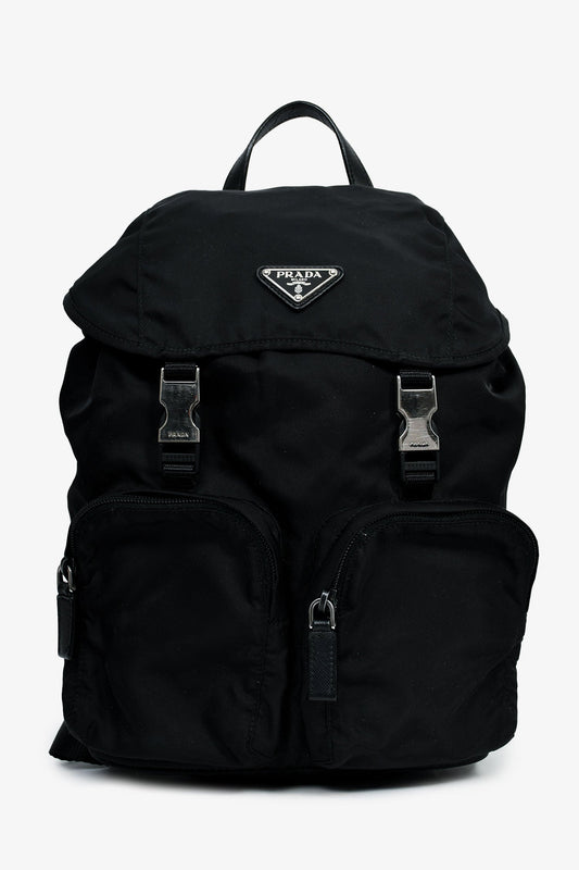 Prada Black Tessuto Nylon Double Buckle Backpack