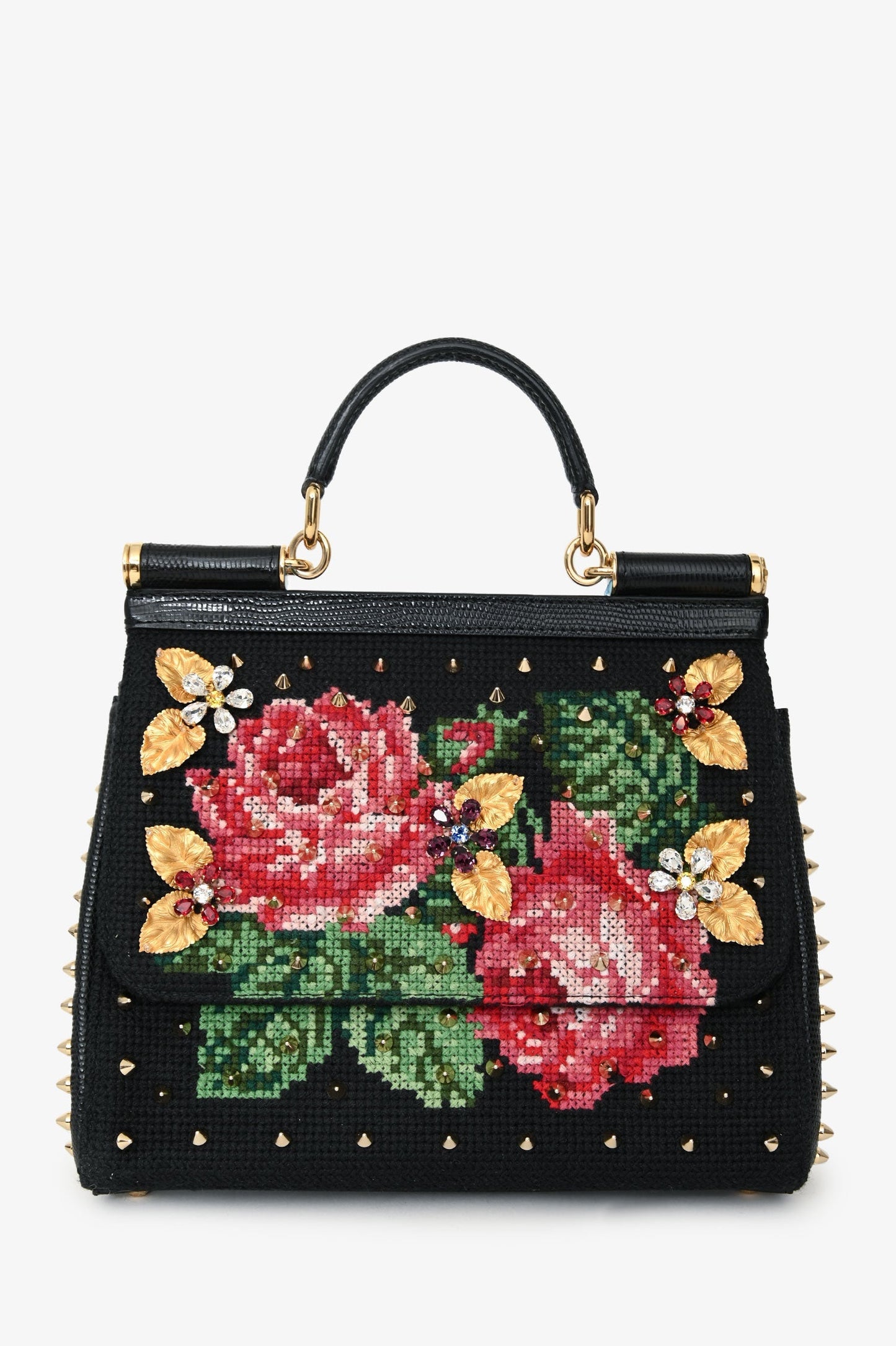 Dolce & Gabbana Black Floral Embroidered Sylvia Top Handle with Strap
