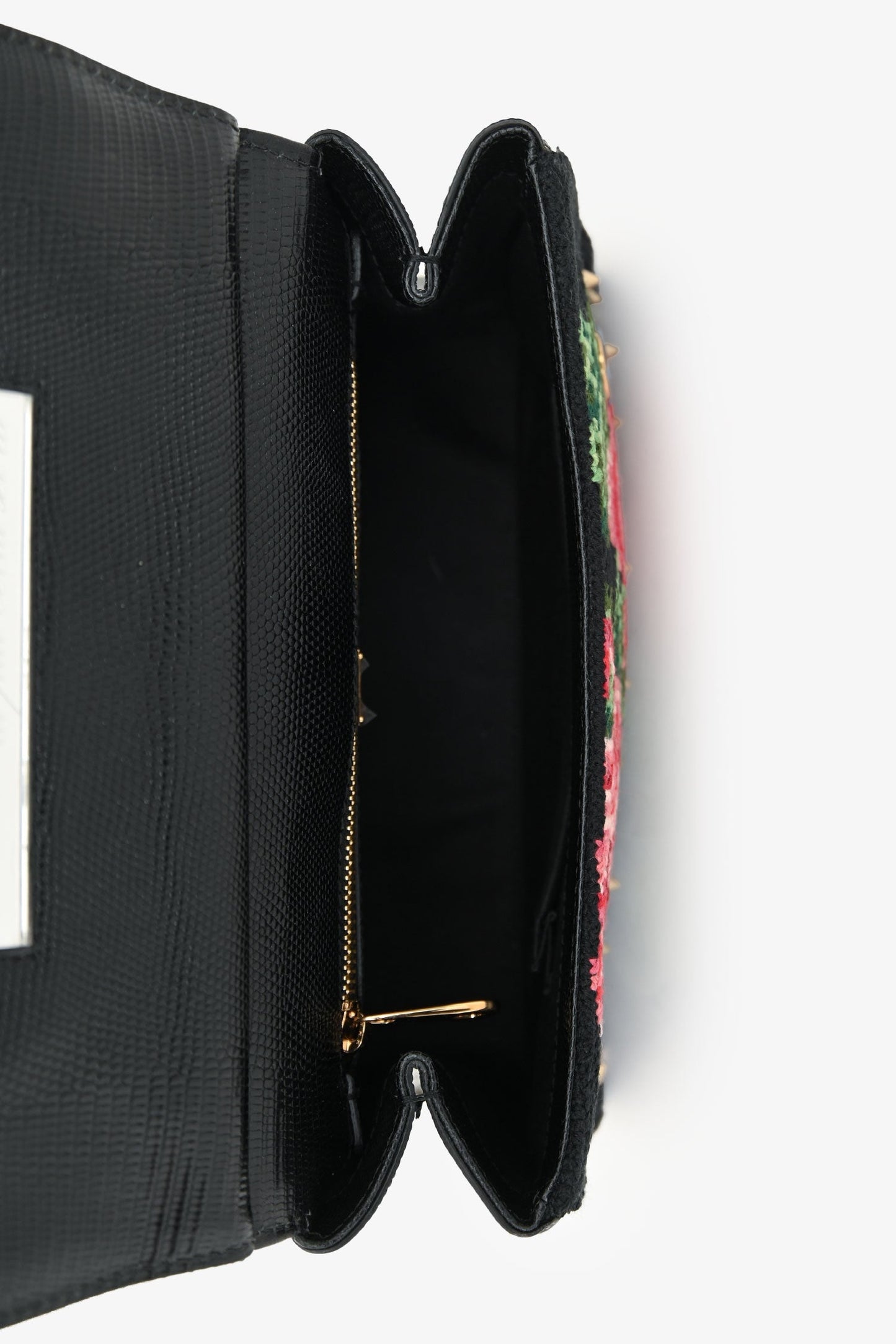 Dolce & Gabbana Black Floral Embroidered Sylvia Top Handle with Strap