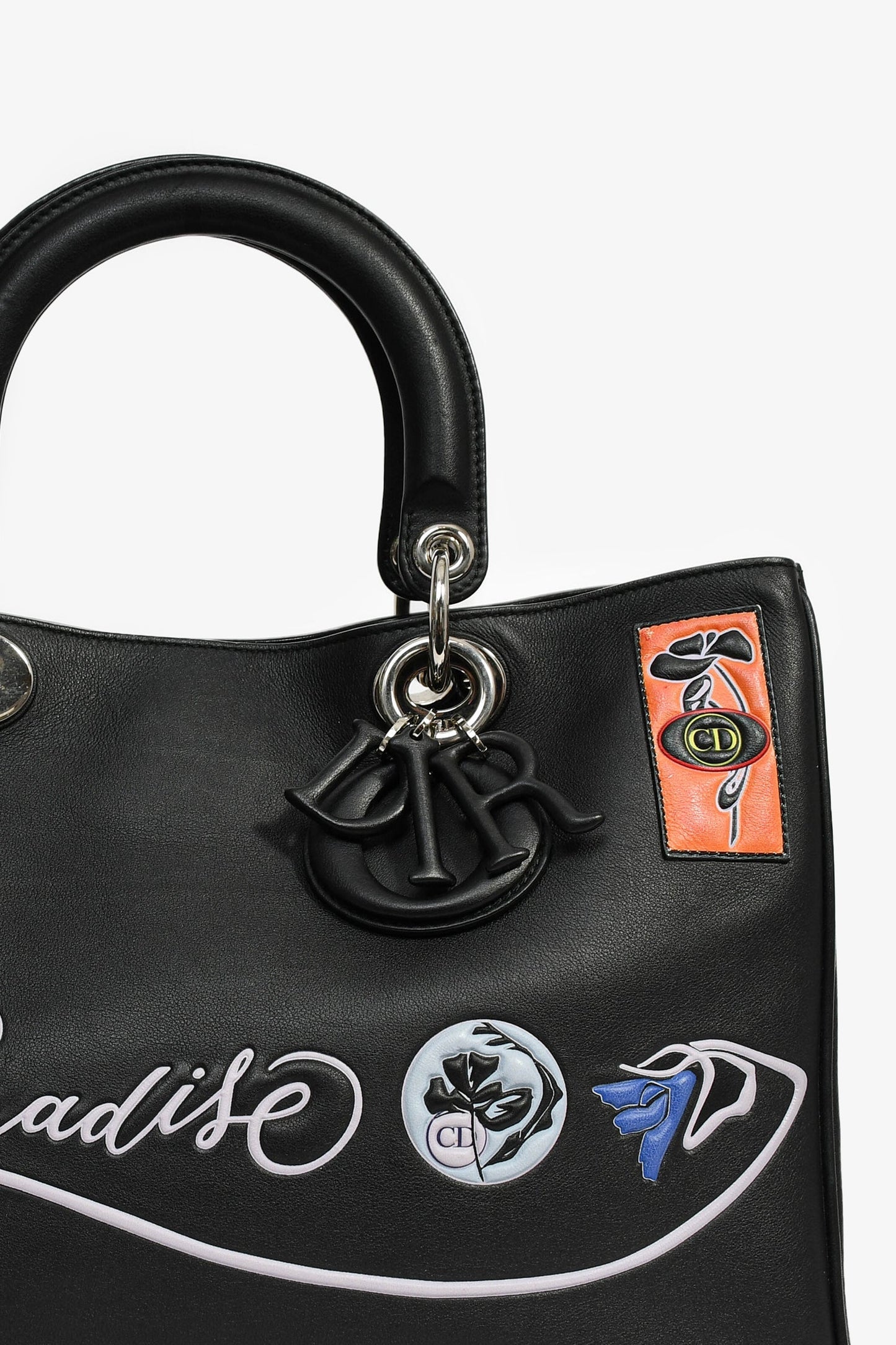 Christian Dior 2015 Black Leather 'Paradise' Diorissimo Medium Top Handle Bag
