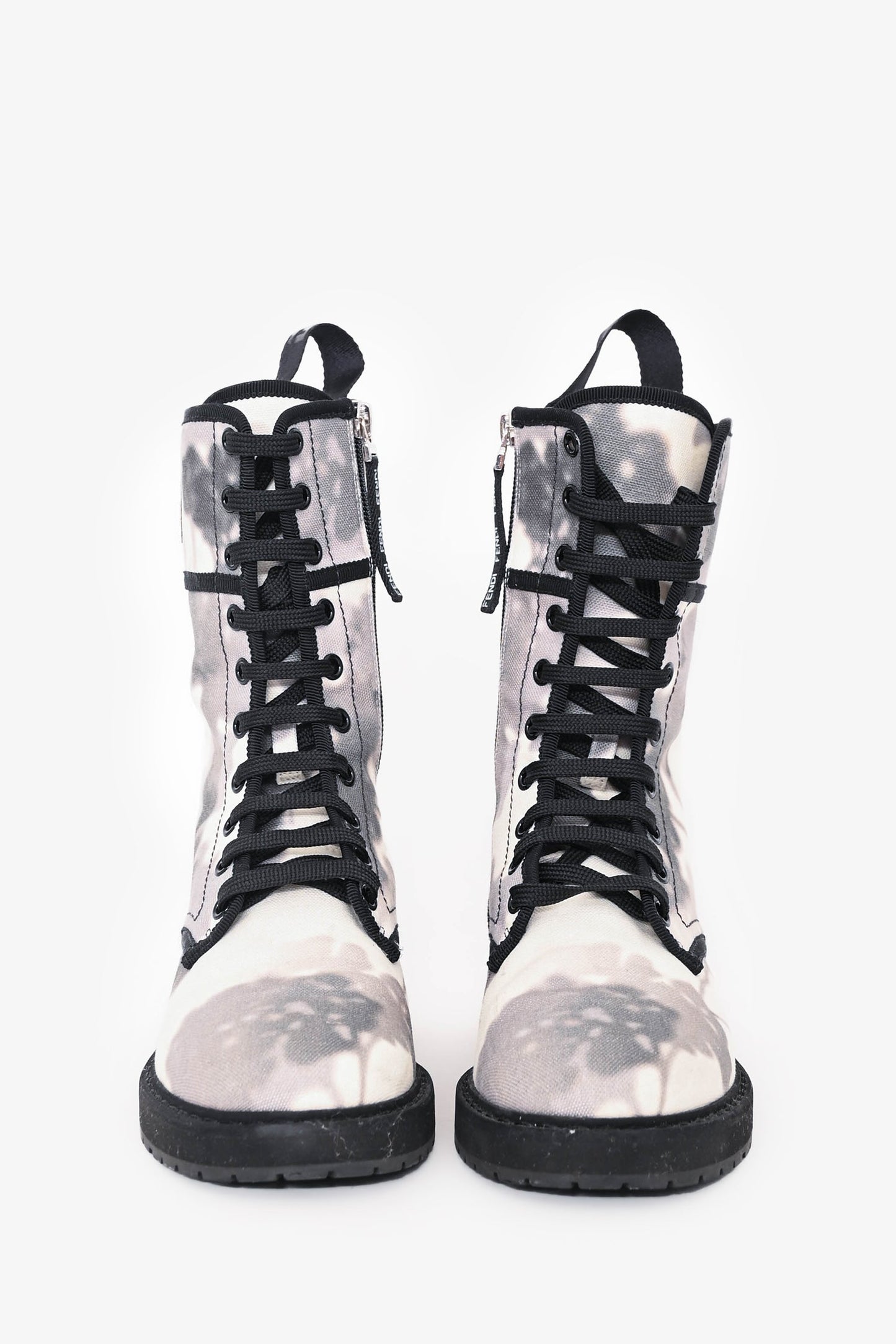 Fendi White/Grey Canvas Printed Combat Boots Size 36