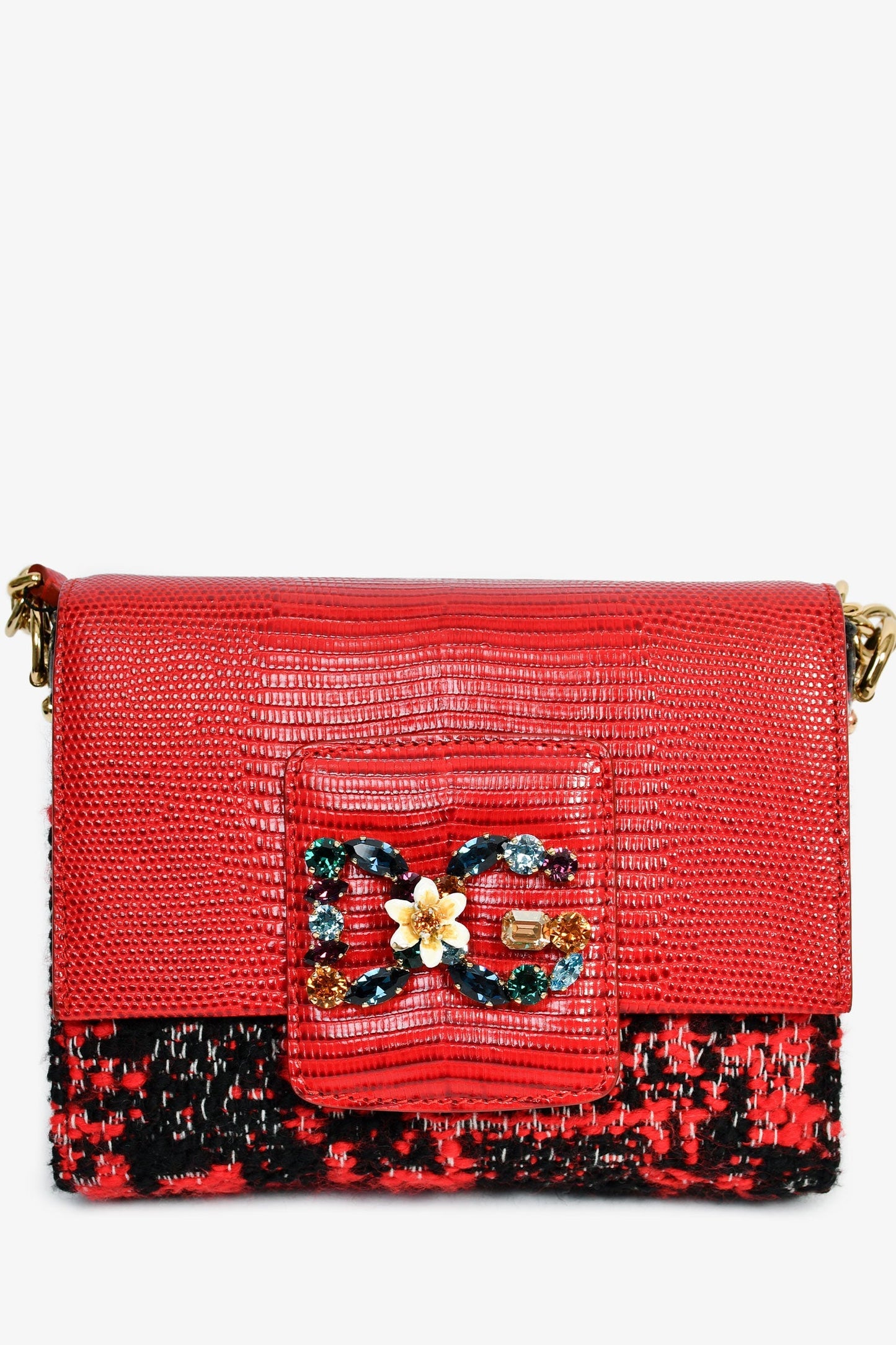 Dolce & Gabbana Red Embossed Leather Tweed Crystal DG Mini Crossbody Bag