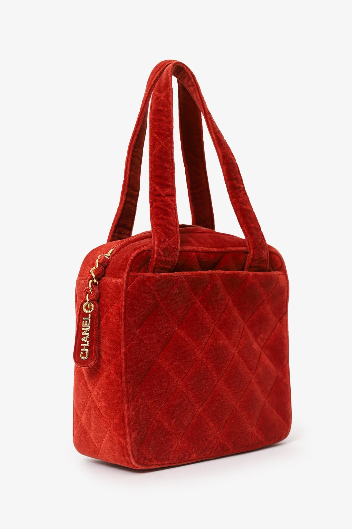 Chanel™ 1996-97 Red Velvet Quilted Mini Square Tote Bag