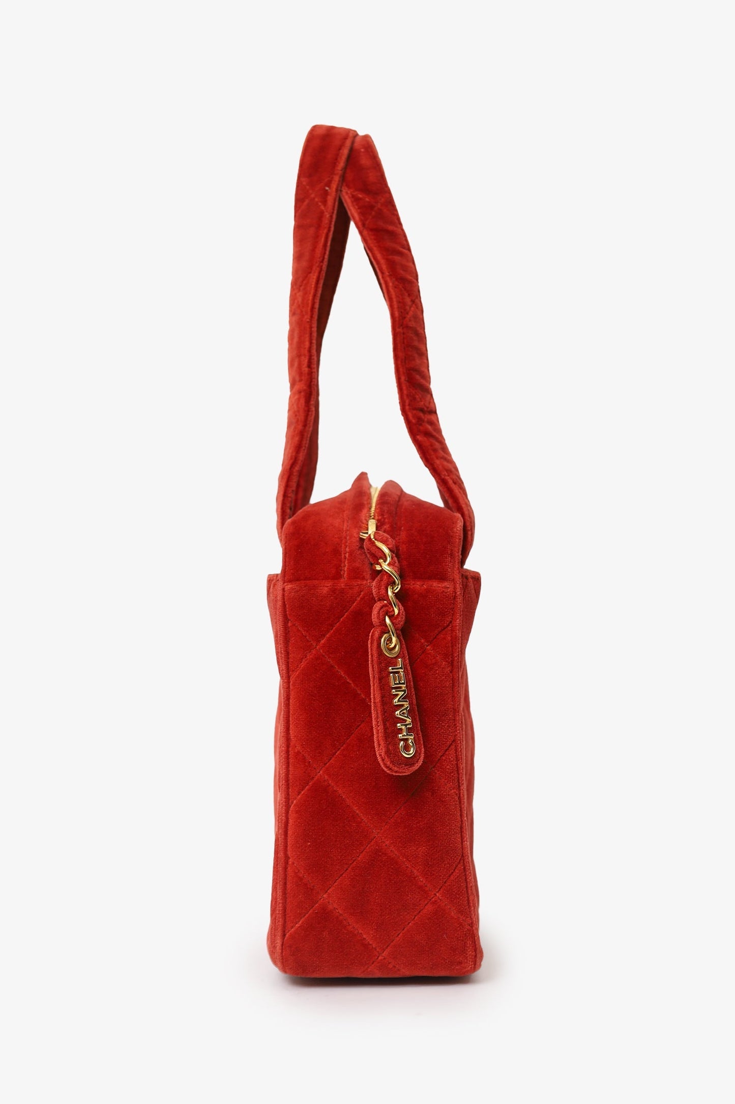 Chanel™ 1996-97 Red Velvet Quilted Mini Square Tote Bag