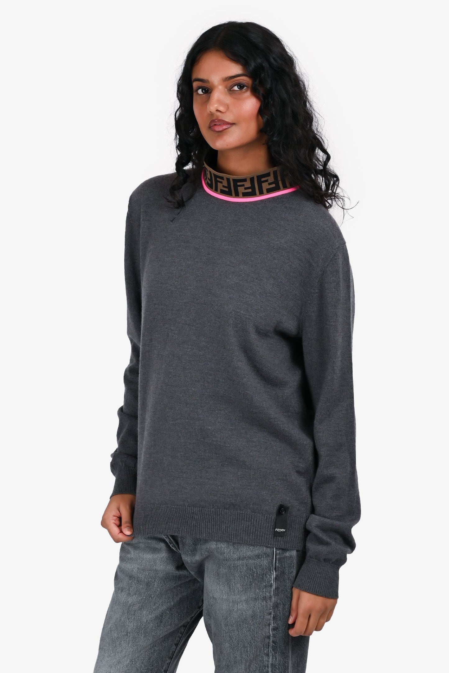 Fendi Grey Wool Logo Neck Sweater Size 48