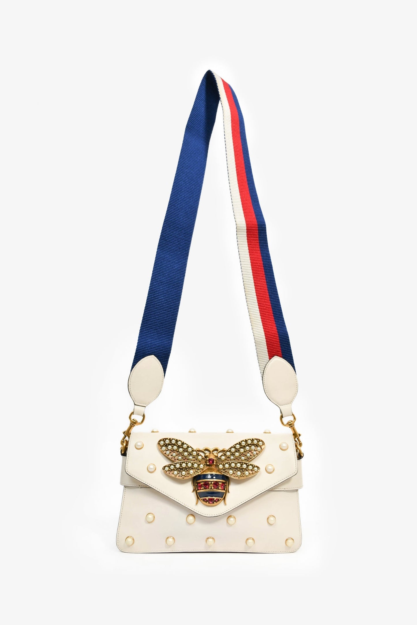 Gucci White Leather Pearl Studded Mini Broadway Bee Shoulder Bag with Web Strap
