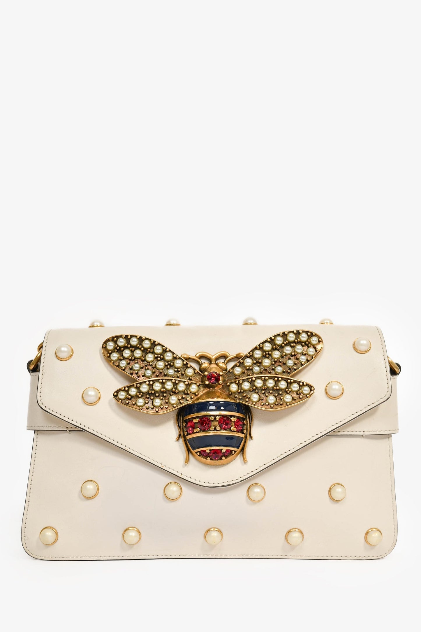 Gucci White Leather Pearl Studded Mini Broadway Bee Shoulder Bag with Web Strap