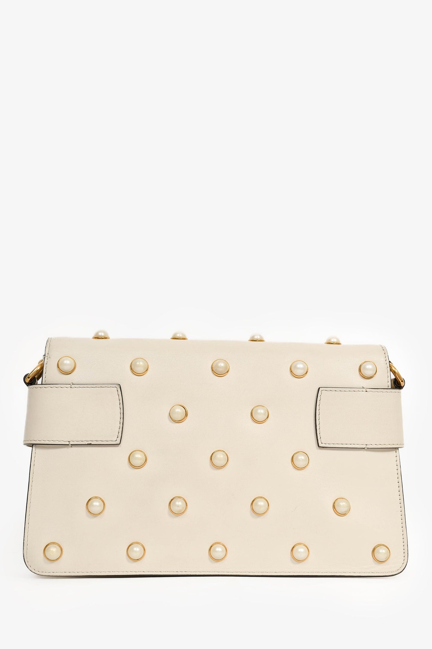 Gucci White Leather Pearl Studded Mini Broadway Bee Shoulder Bag with Web Strap