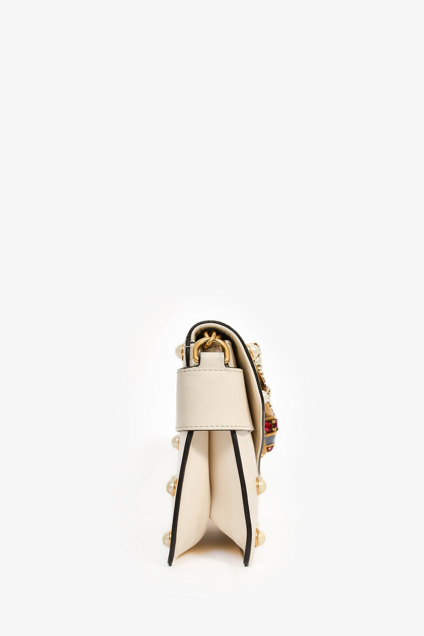 Gucci White Leather Pearl Studded Mini Broadway Bee Shoulder Bag with Web Strap