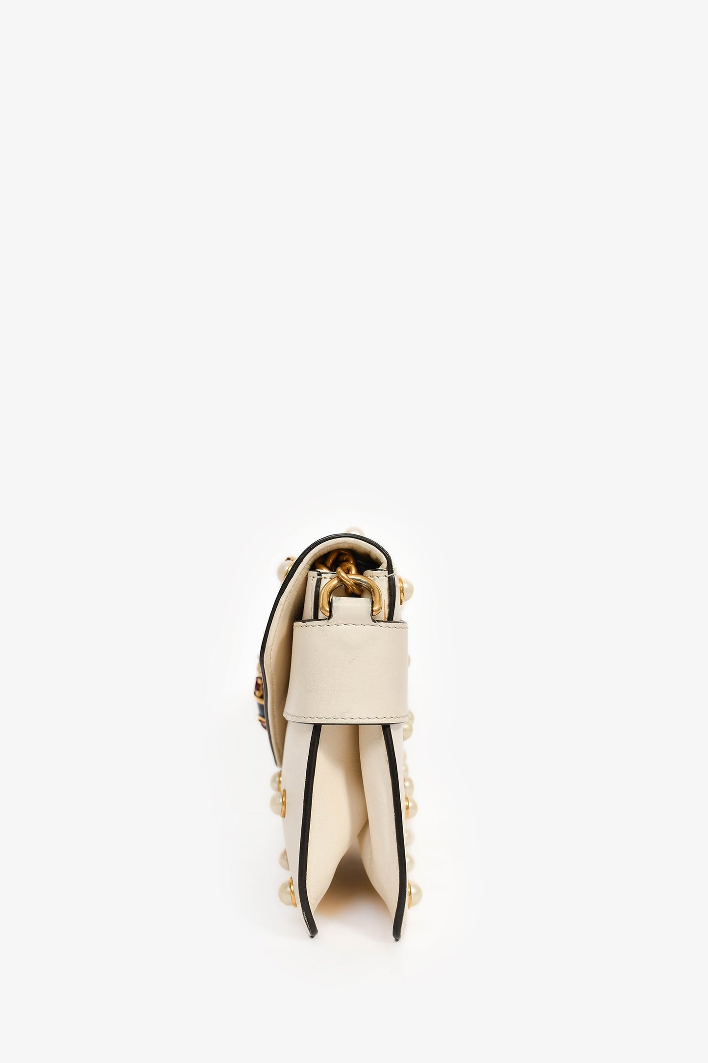 Gucci White Leather Pearl Studded Mini Broadway Bee Shoulder Bag with Web Strap