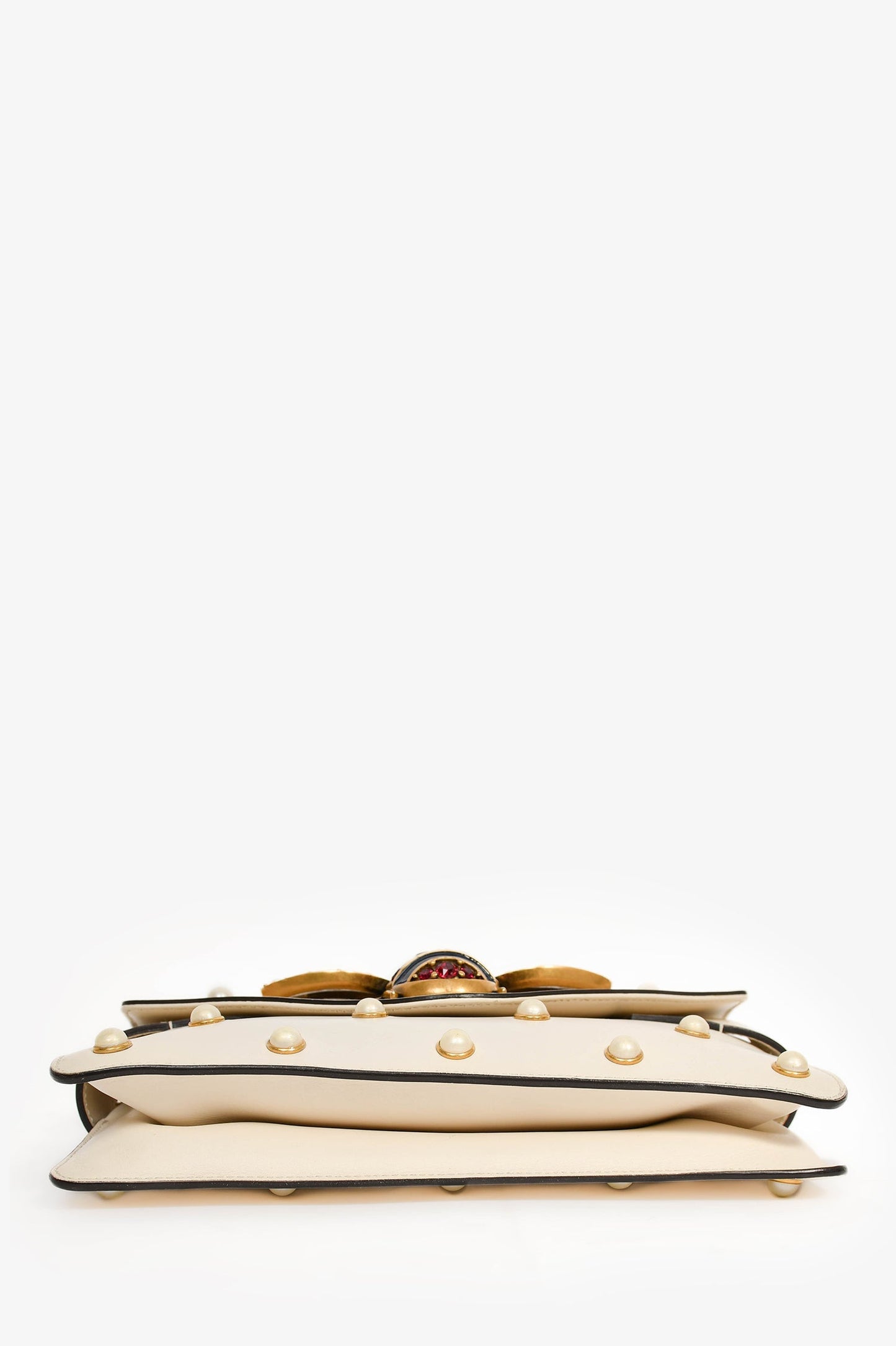 Gucci White Leather Pearl Studded Mini Broadway Bee Shoulder Bag with Web Strap