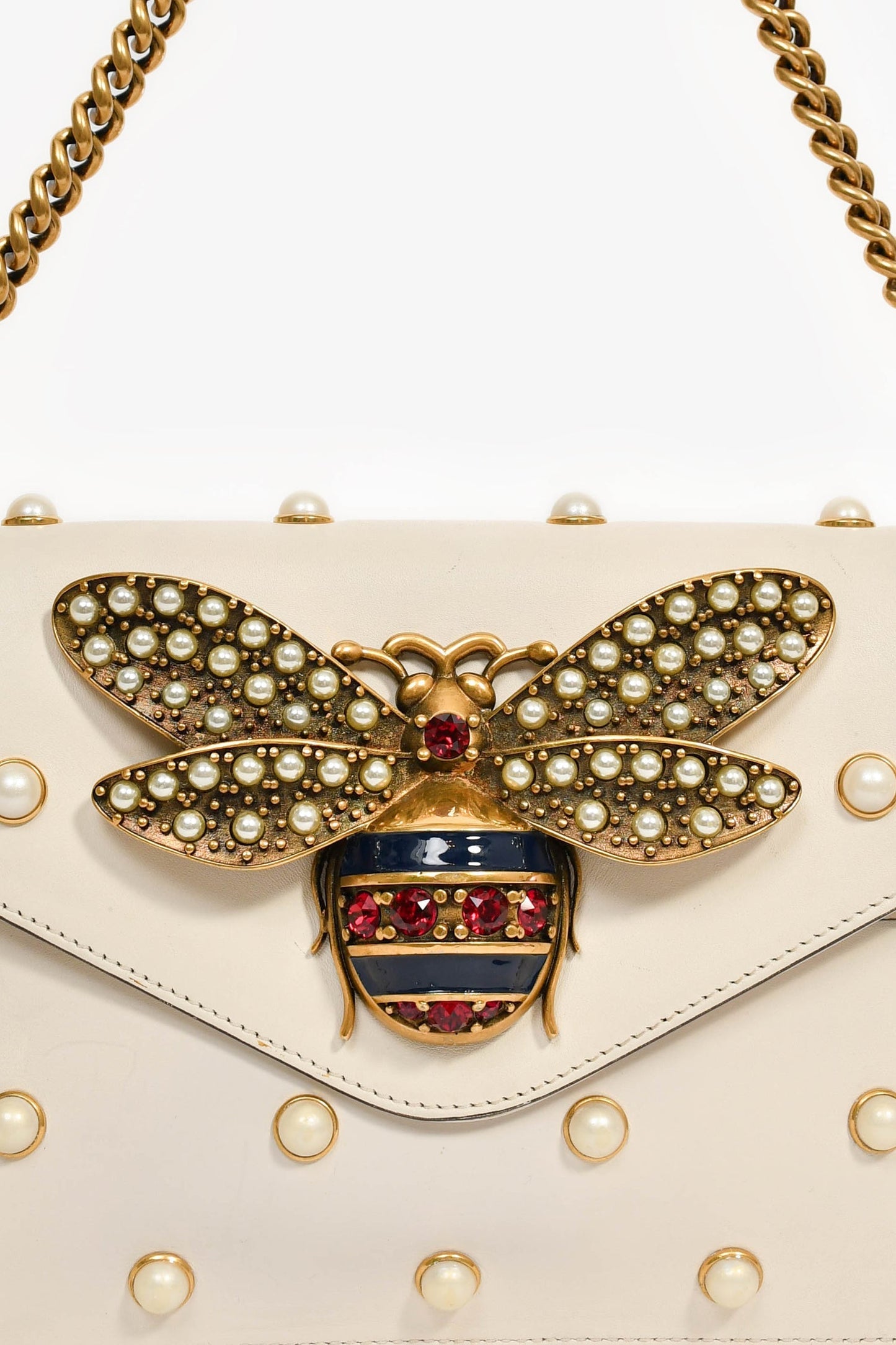 Gucci White Leather Pearl Studded Mini Broadway Bee Shoulder Bag with Web Strap