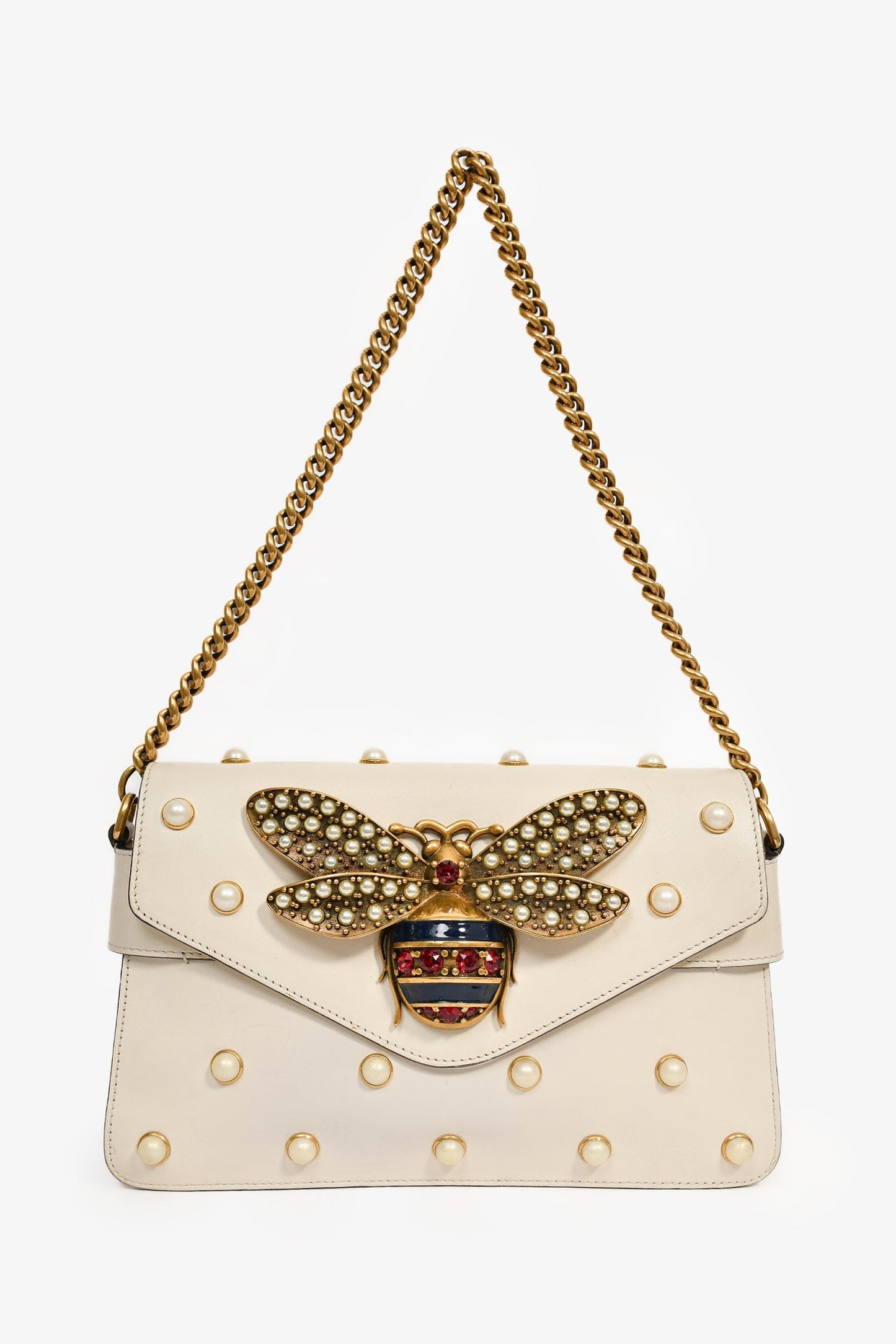 Gucci White Leather Pearl Studded Mini Broadway Bee Shoulder Bag with Web Strap