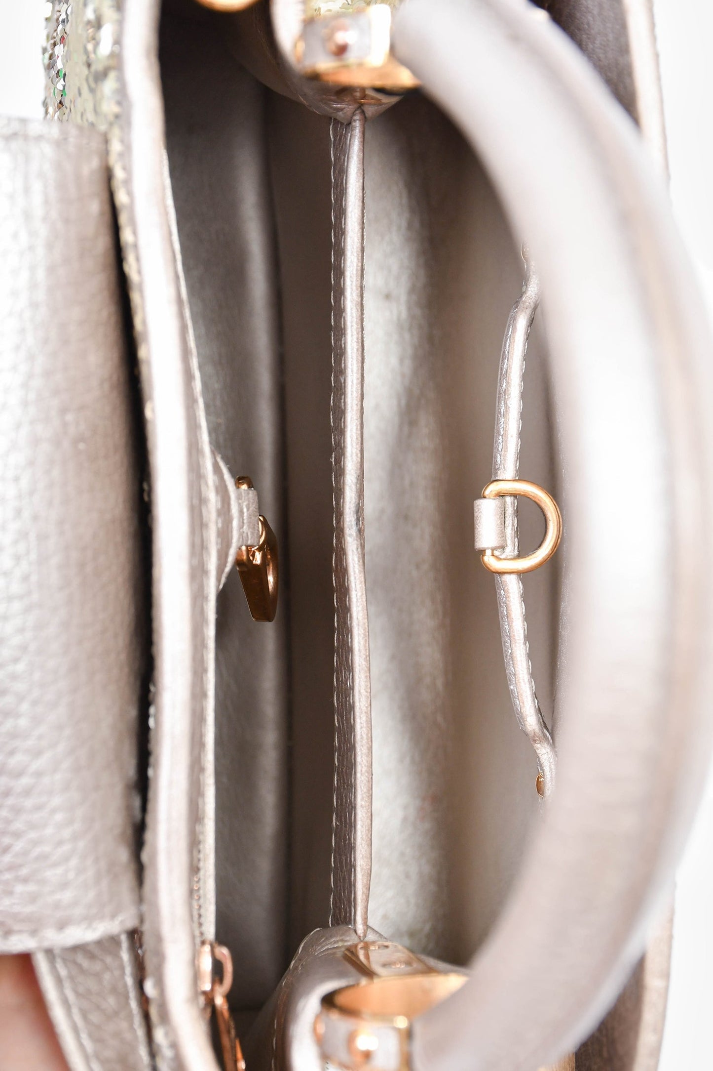 Louis Vuitton 2015 Beige Metallic Sequins Taurillon Capucines BB with Strap