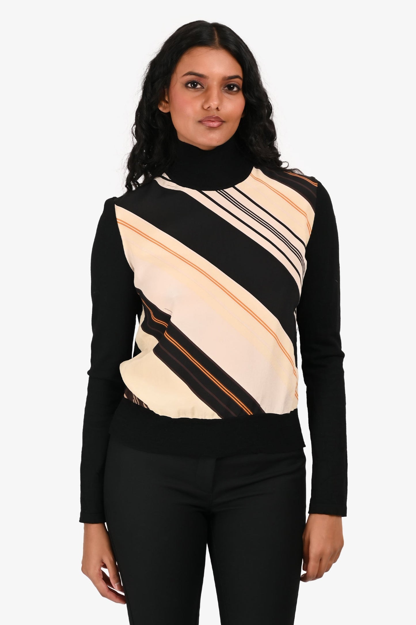 Gucci Black Wool Cream Silk Panel Turtleneck Sweater Size S