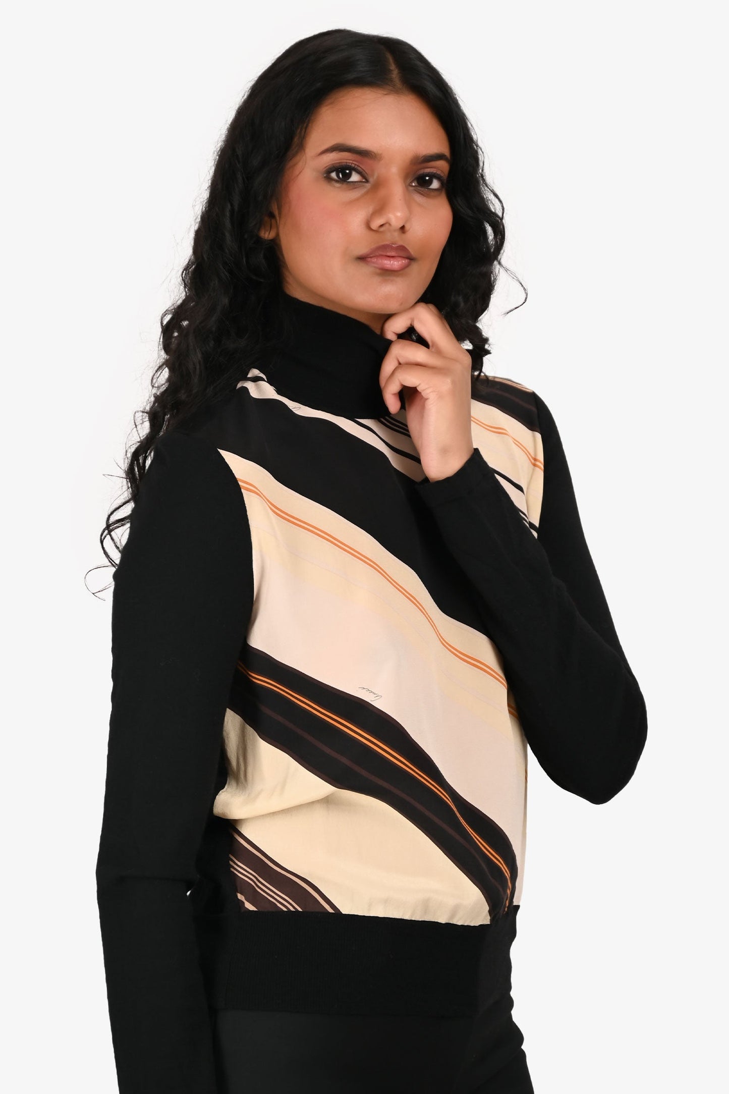 Gucci Black Wool Cream Silk Panel Turtleneck Sweater Size S