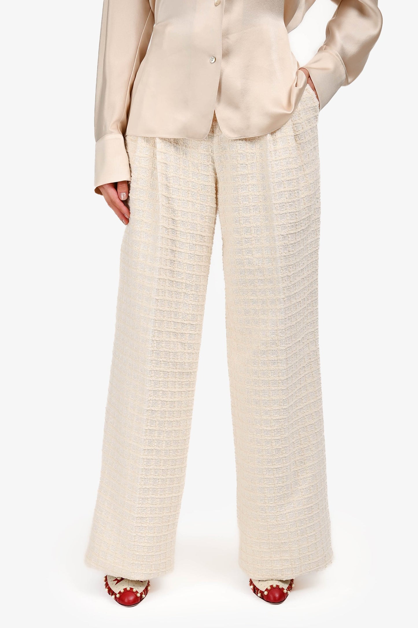 Gucci Ivory Window Tweed Wide Legged Pants Size 40
