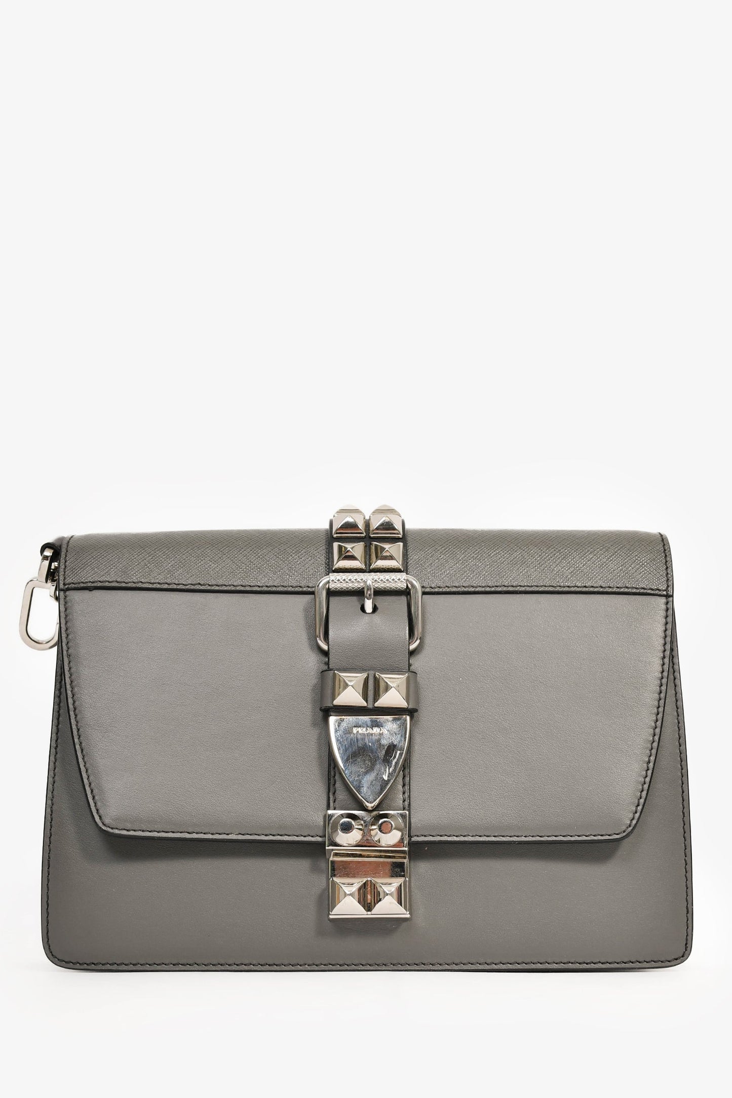 Prada Grey Leather Crossbody Bag with Black Leather Studded Detachable Strap
