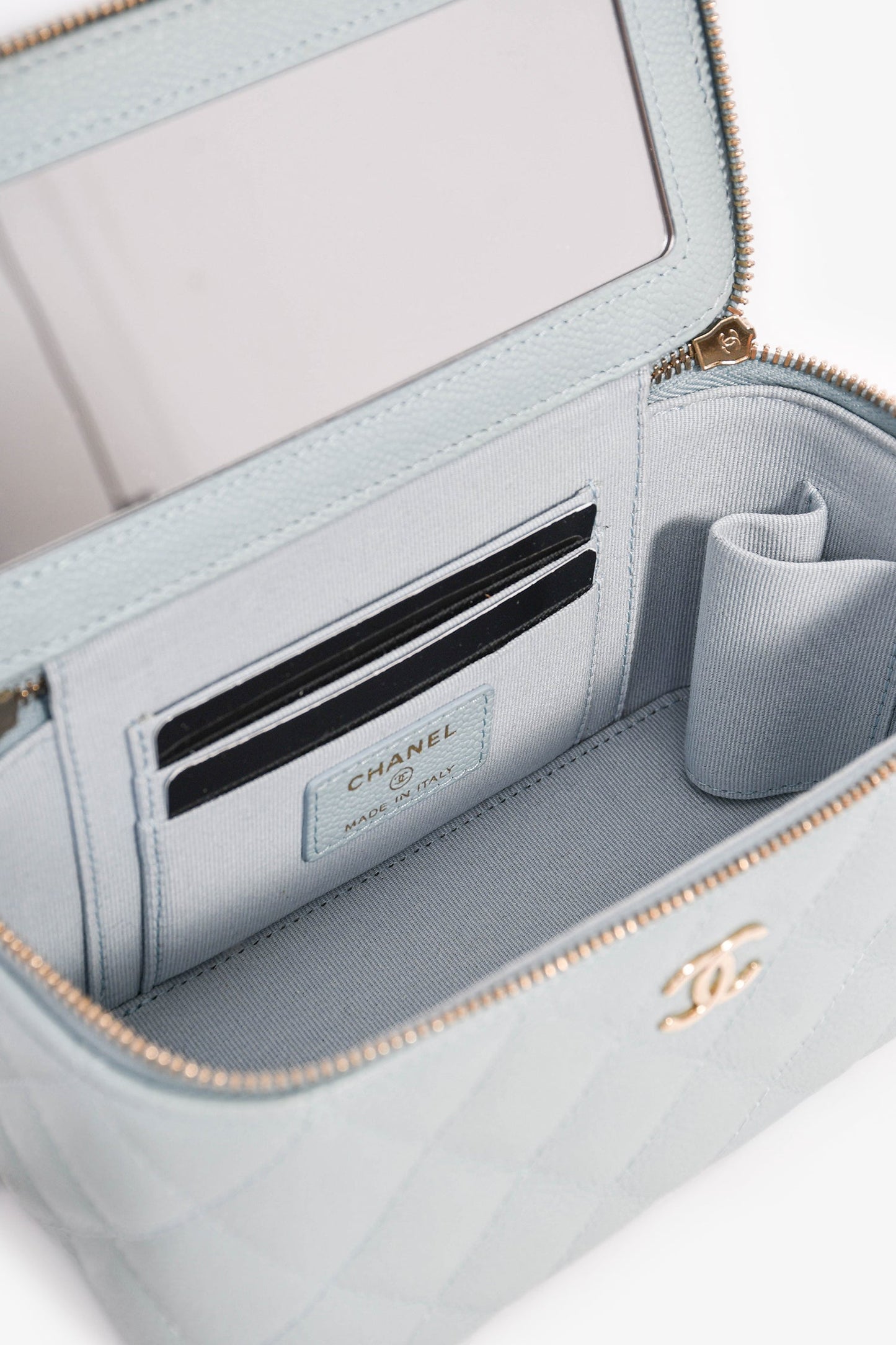Chanel™ 2021 Blue Caviar Leather Quilted CC Vanity Top Handle Bag